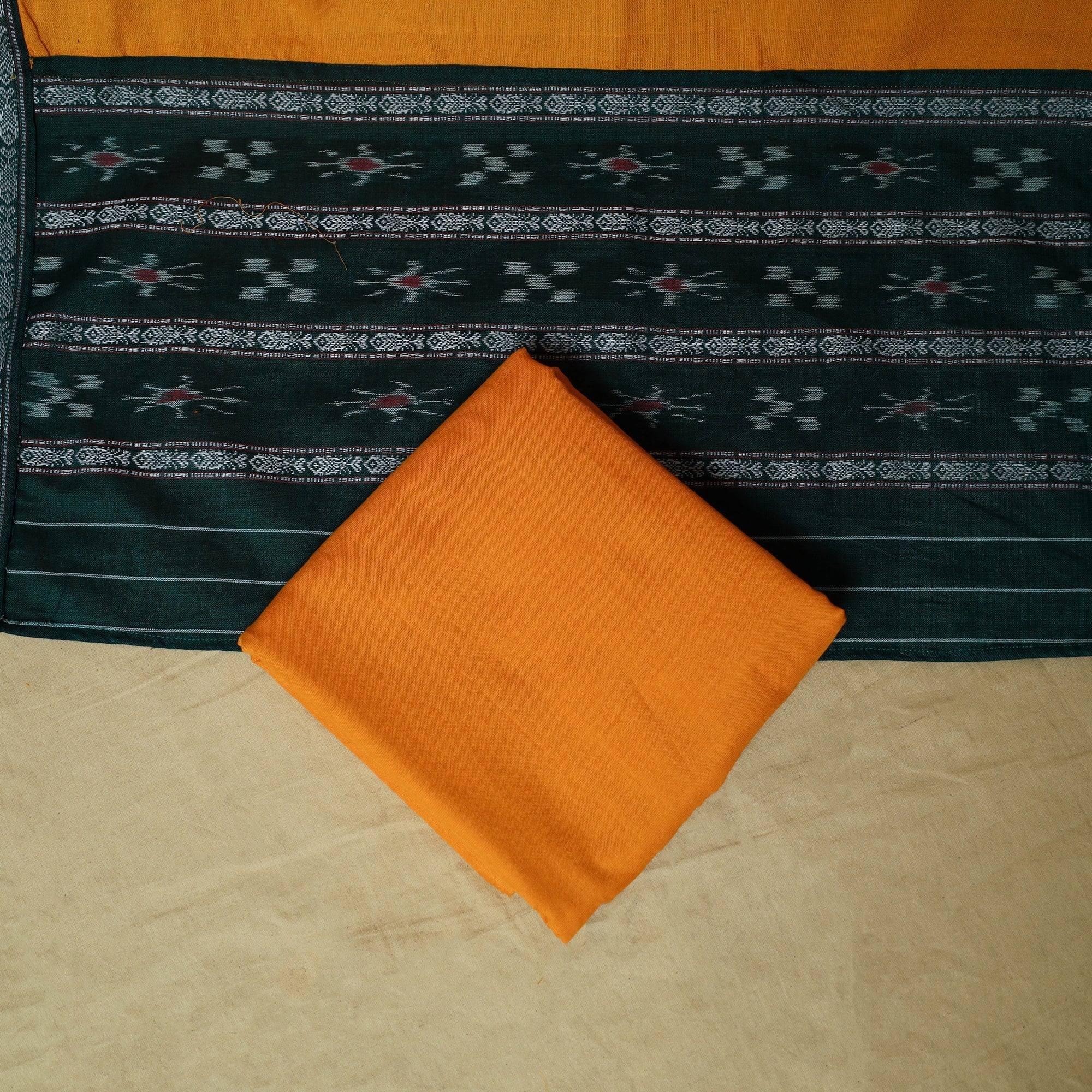 Green - Sambalpuri Ikat Handloom Cotton 3pc Unstitched Dress Material  23 - Image 5