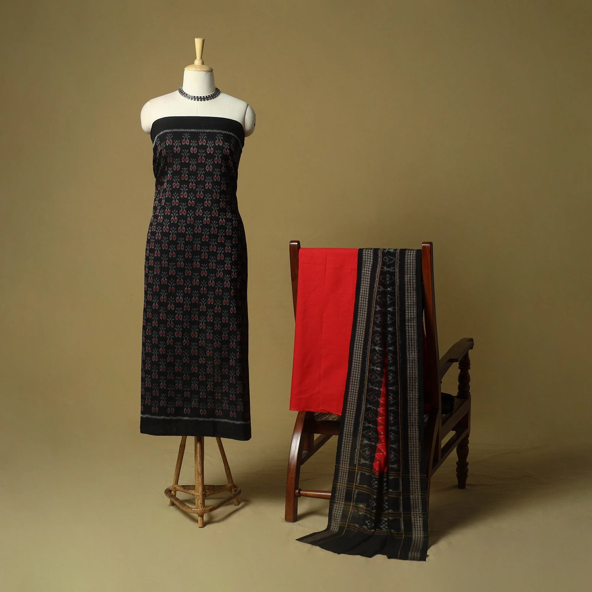 Black - Sambalpuri Ikat Handloom Cotton 3pc Unstitched Dress Material Suit Set 20