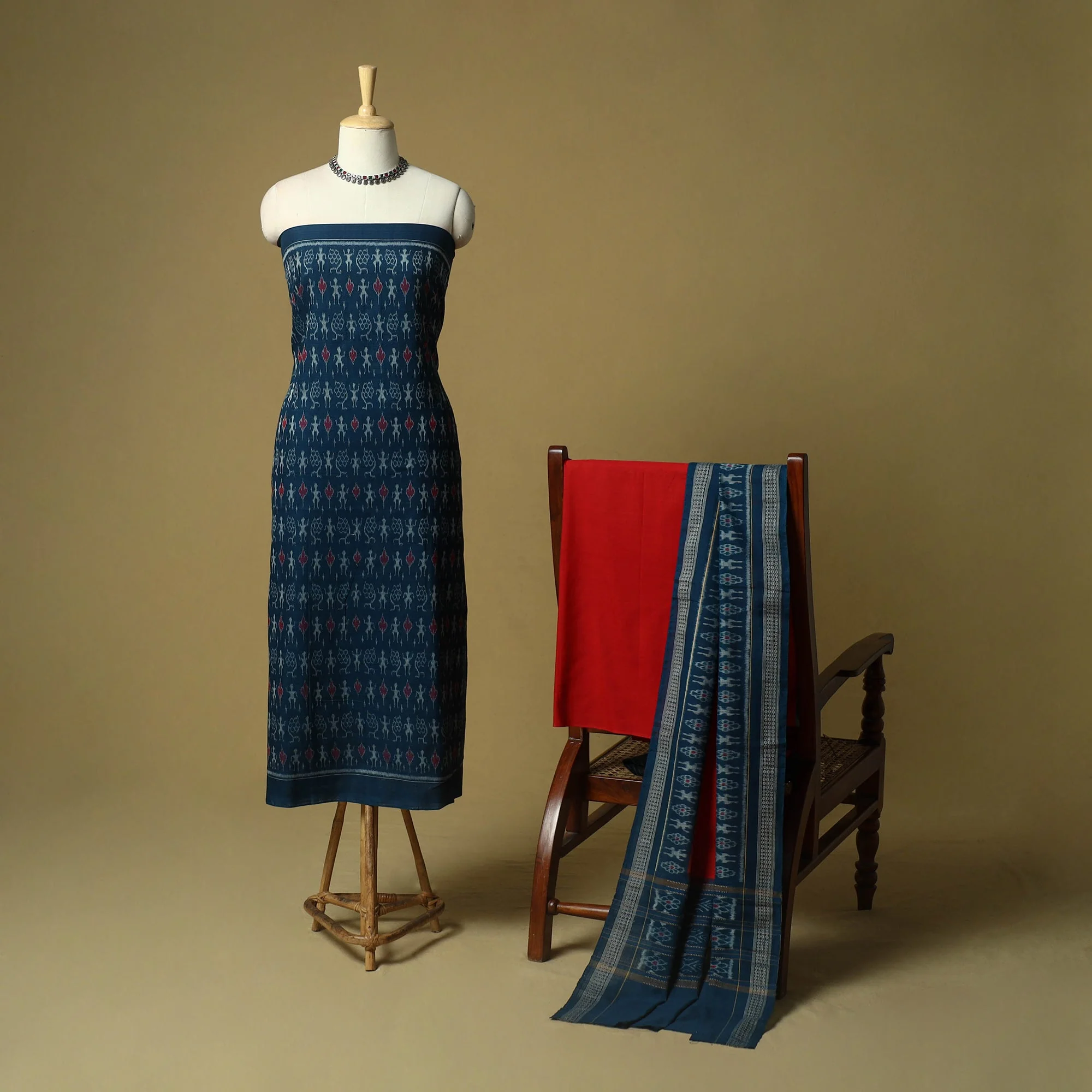 Blue - Sambalpuri Ikat Handloom Cotton 3pc Unstitched Dress Material Suit Set 30