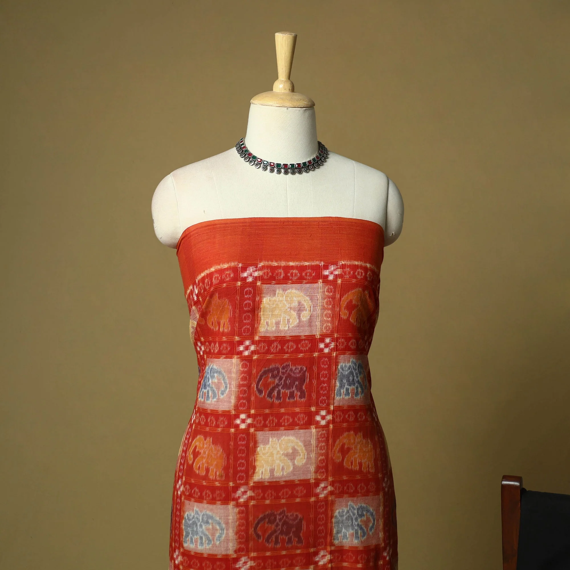 Red - Sambalpuri Ikat Handloom Cotton 3pc Unstitched Dress Material Suit Set 37 - Image 3