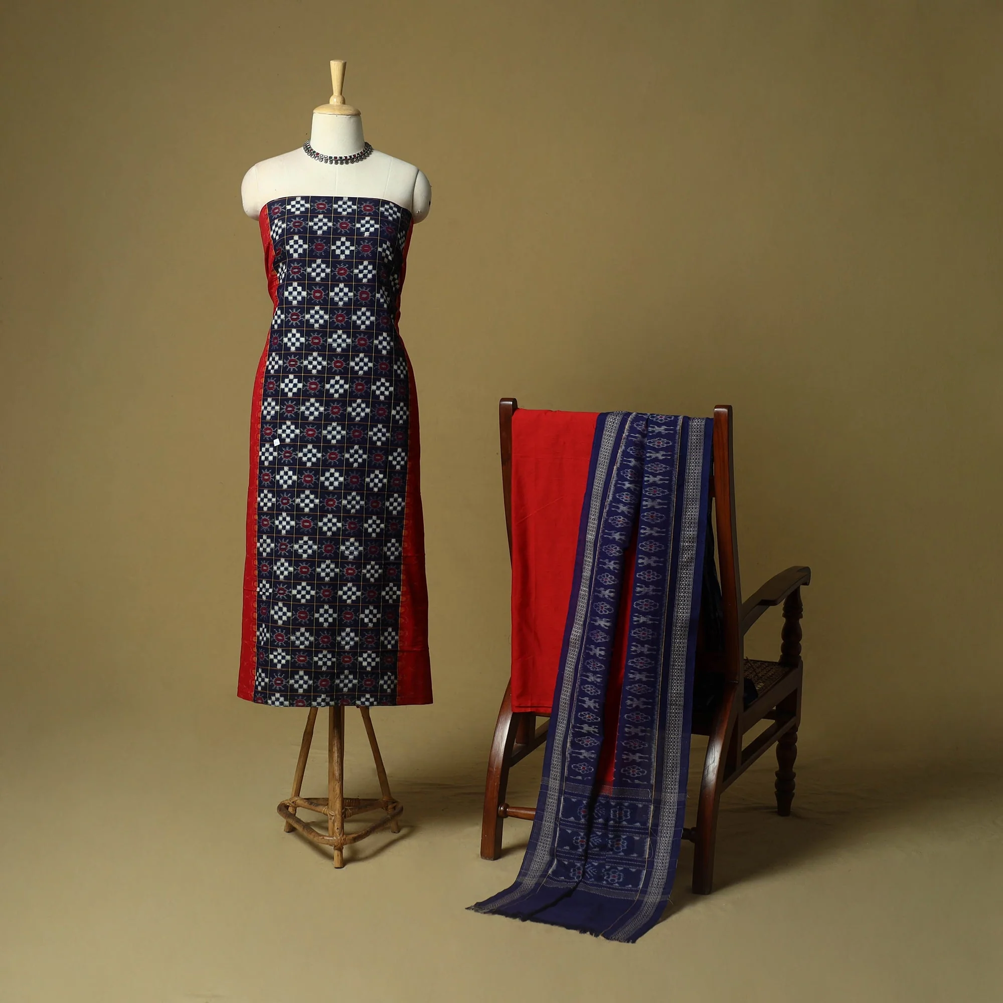 Blue - Sambalpuri Ikat Handloom Cotton 3pc Unstitched Dress Material Suit Set 45
