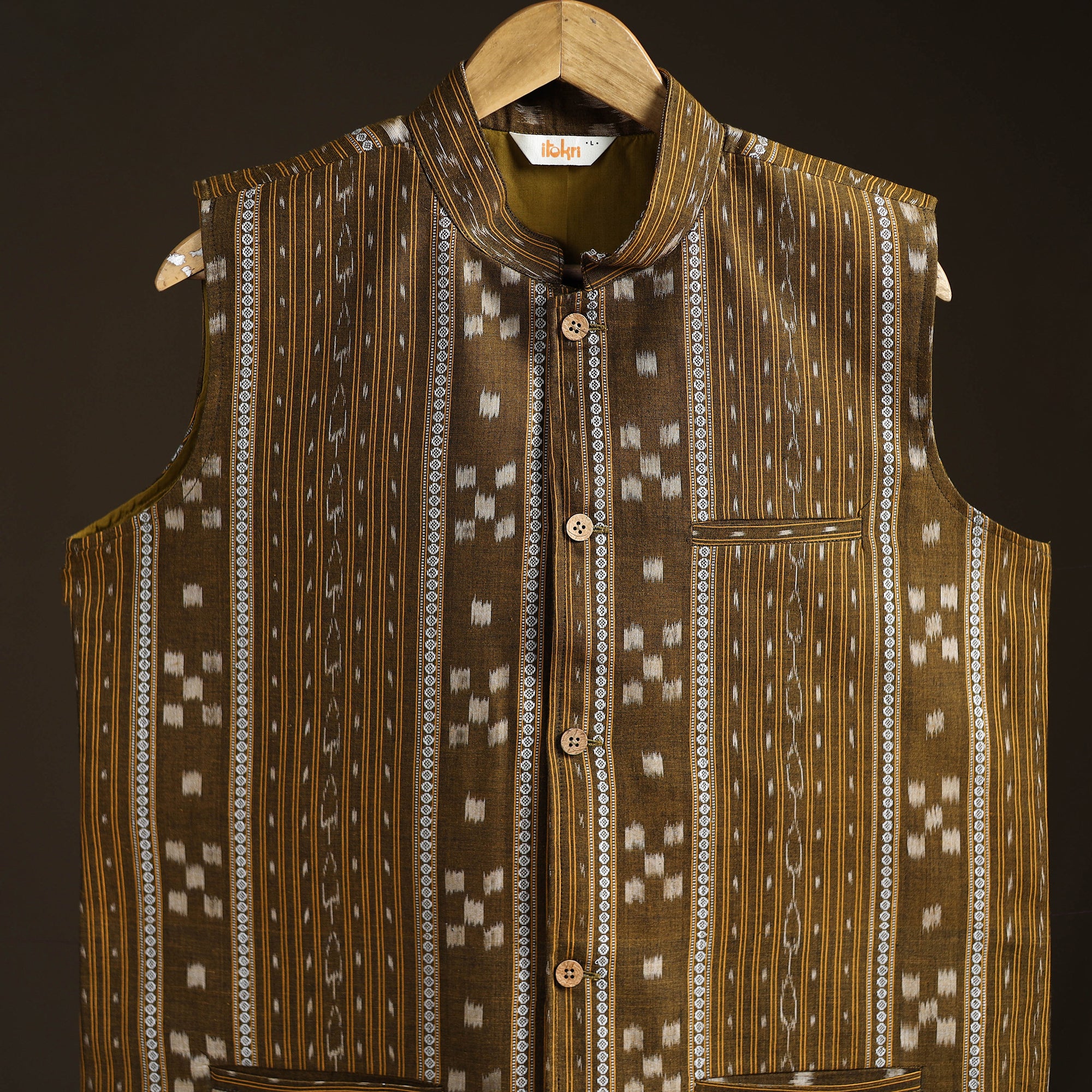Brown - Sambalpuri Ikat Weave Cotton Men Nehru Jacket 01 - Image 4