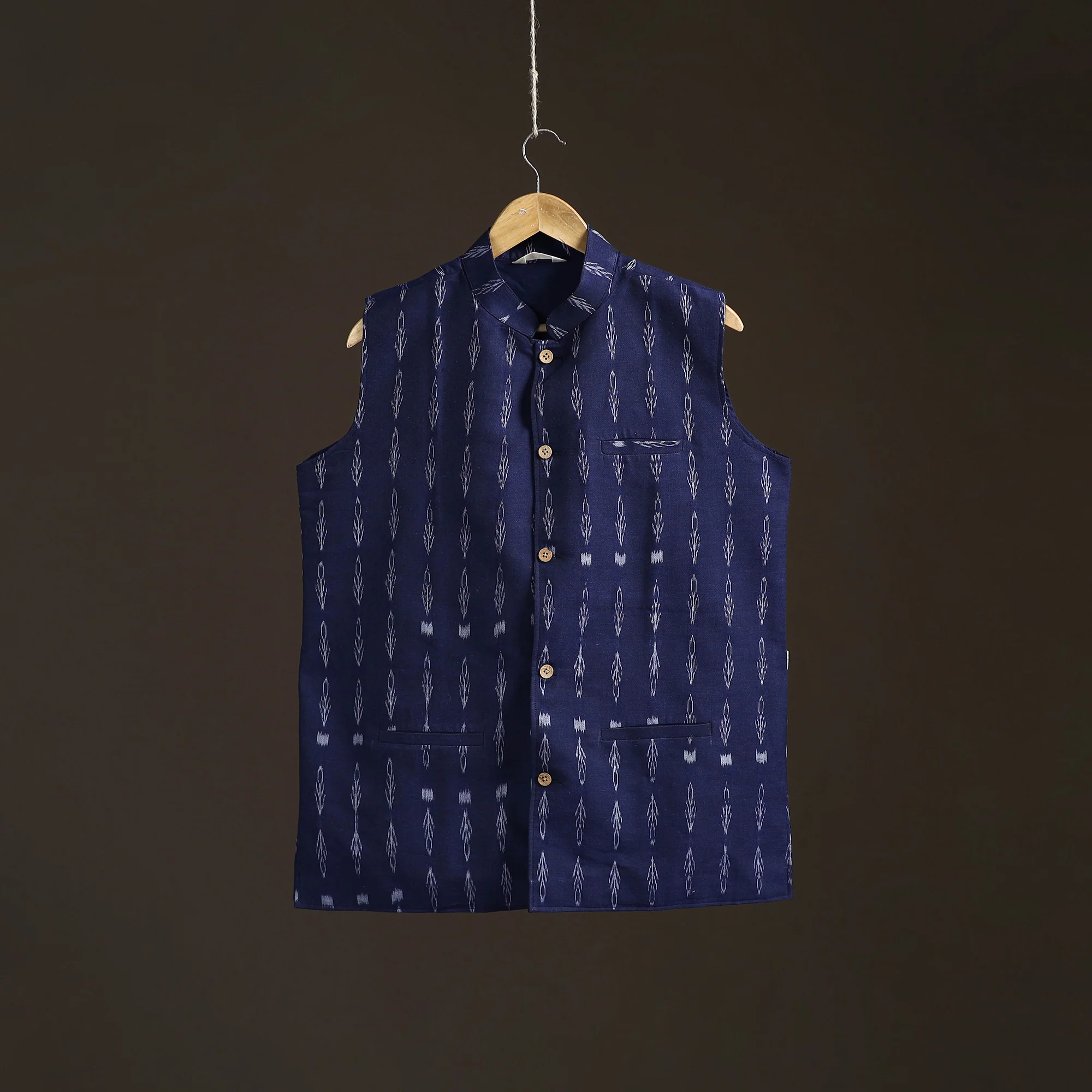 Blue - Sambalpuri Ikat Weave Cotton Men Nehru Jacket 08 - Image 3