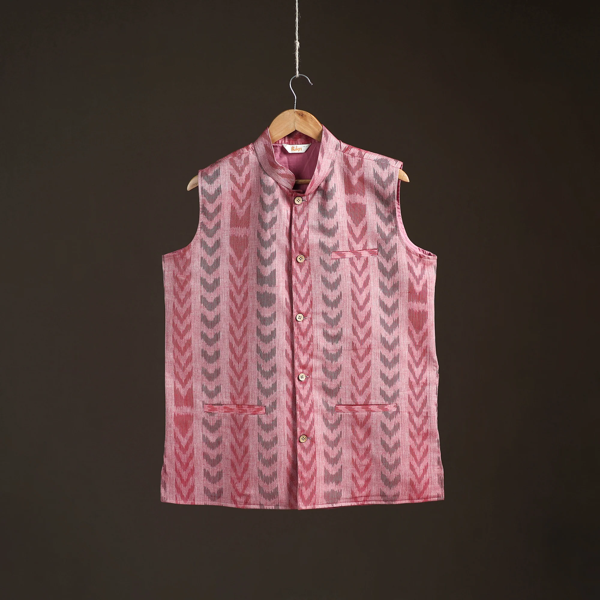 Peach - Sambalpuri Ikat Weave Cotton Men Nehru Jacket 13 - Image 3