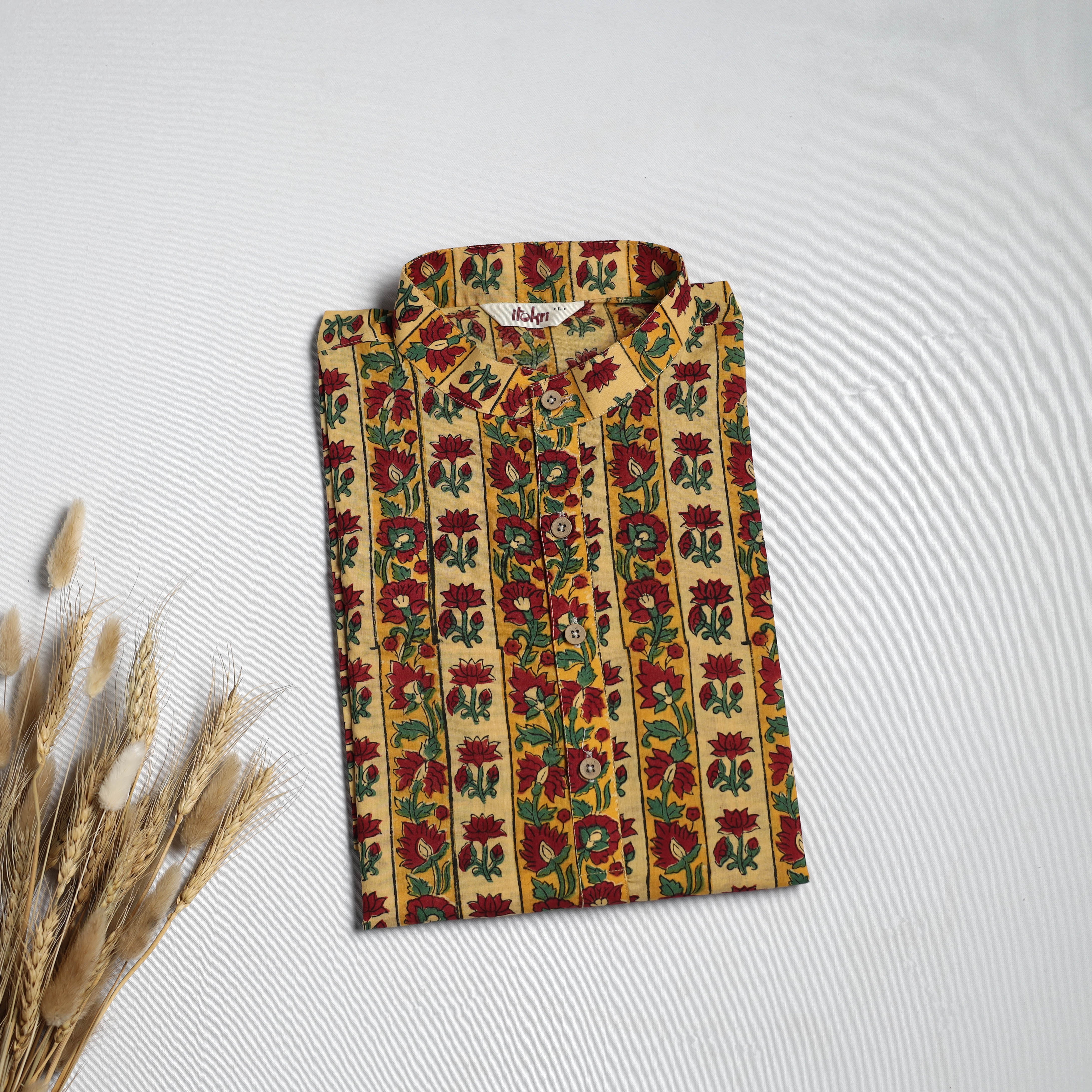 Yellow - Sanganeri Block Print Cotton Long Kurta for Men 10