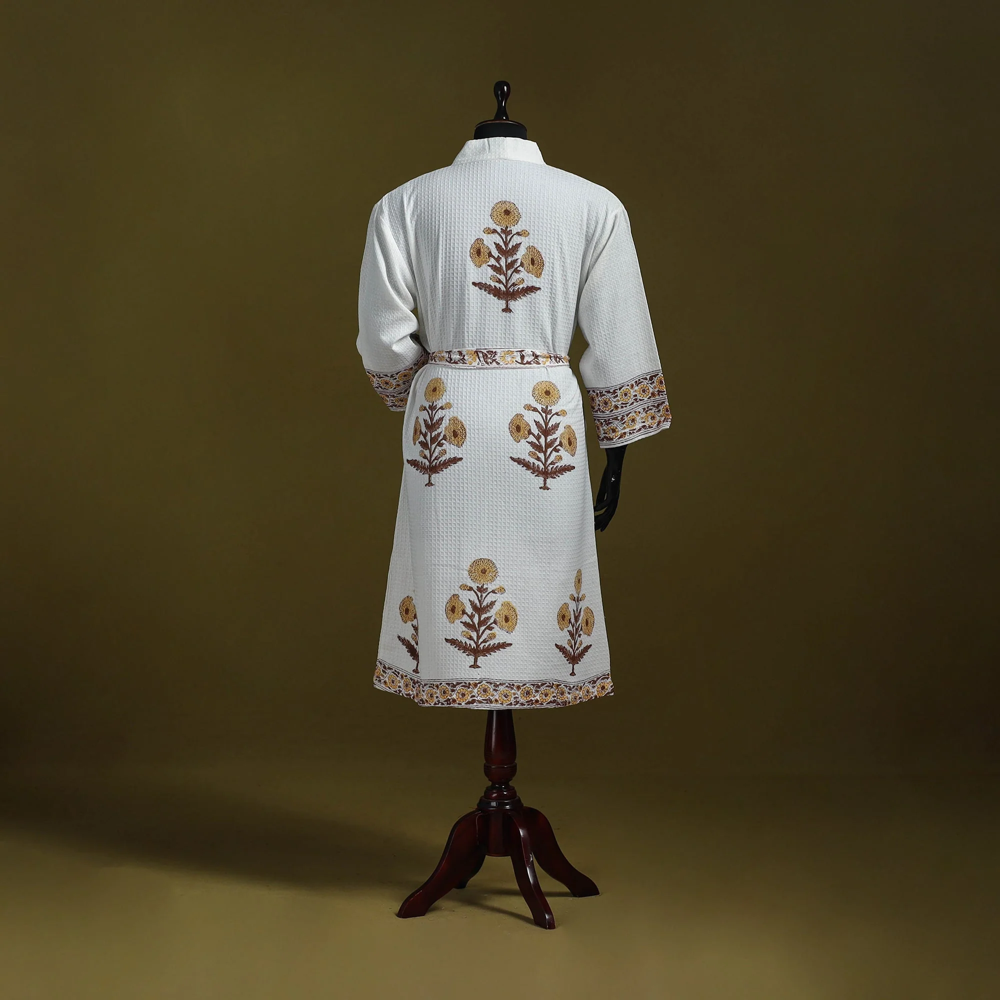 White - Sanganeri Block Print Waffle Weave Handwoven Bath Robe 18 - Image 5