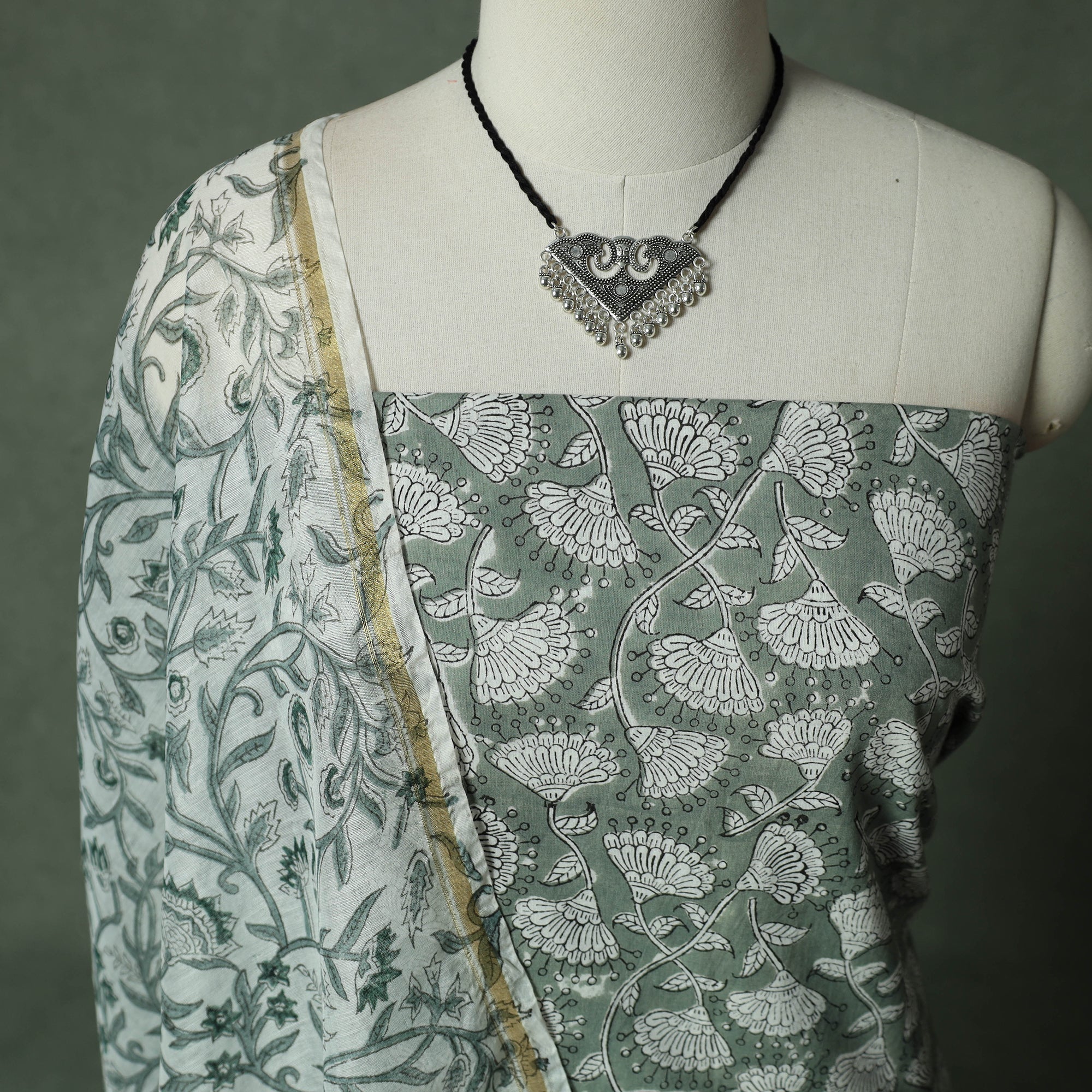 Green - Grey - Sanganeri Hand Block Print 2pc Cotton Unstitched Dress Material Kurta Set with Jewellery 01 - Image 3