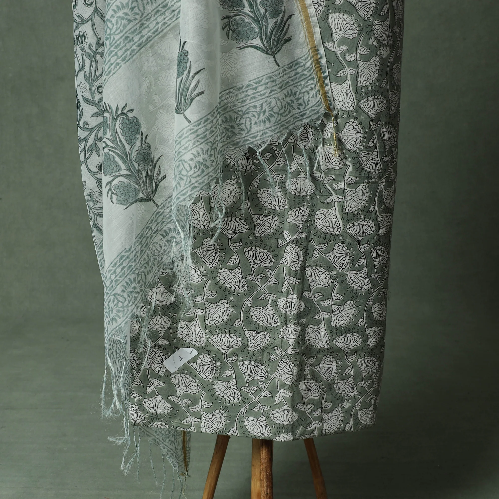 Green - Grey - Sanganeri Hand Block Print 2pc Cotton Unstitched Dress Material Kurta Set with Jewellery 01 - Image 4