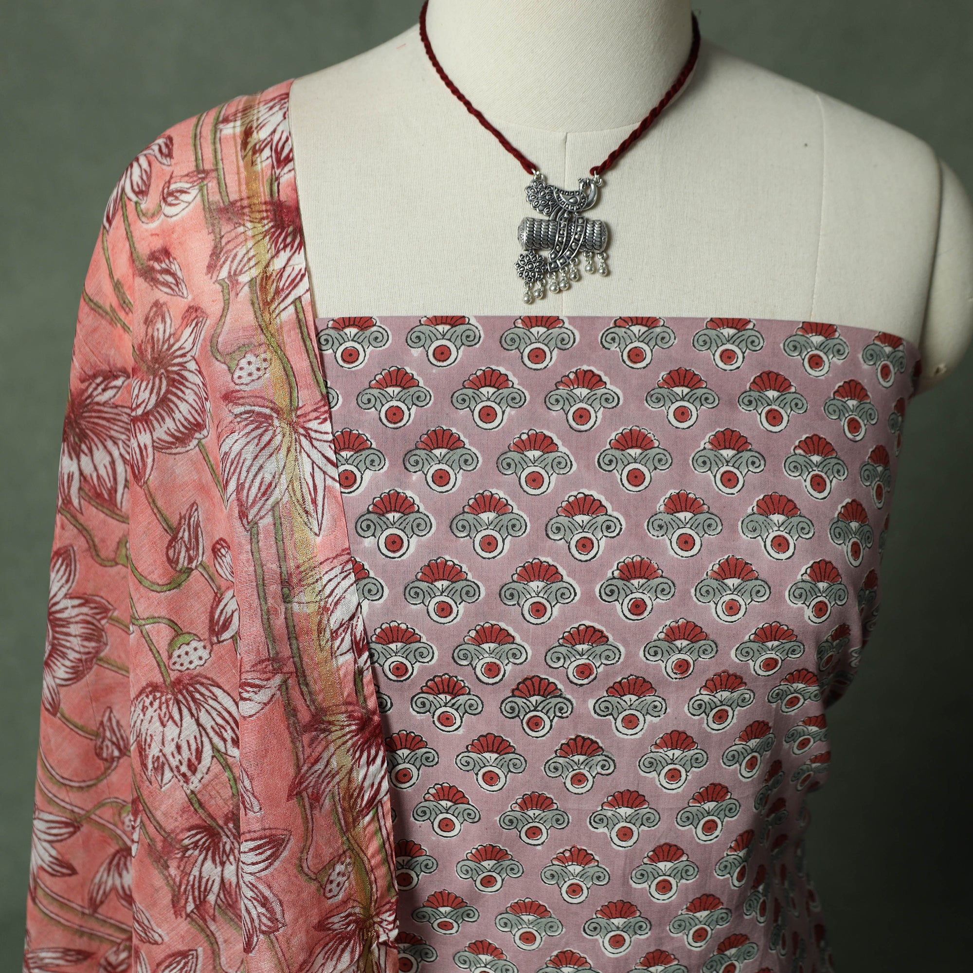 Peach - Sanganeri Hand Block Print 2pc Cotton Unstitched Dress Material Kurta Set with Jewellery 05 - Image 3