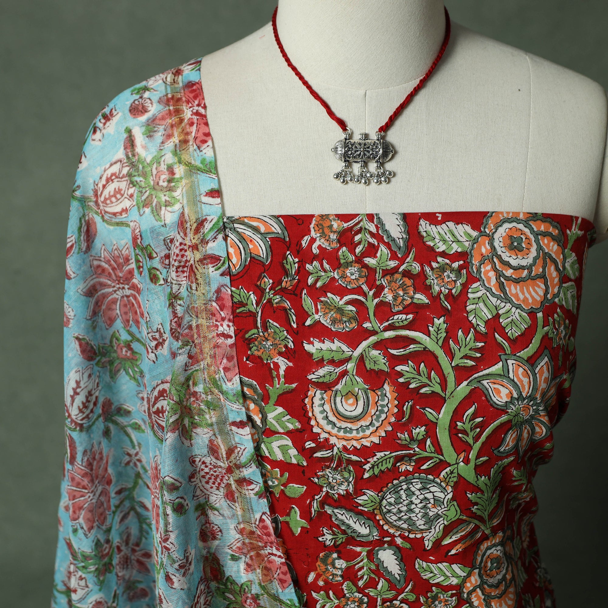 Red - Sanganeri Hand Block Print 2pc Cotton Unstitched Dress Material Kurta Set with Jewellery 06 - Image 3