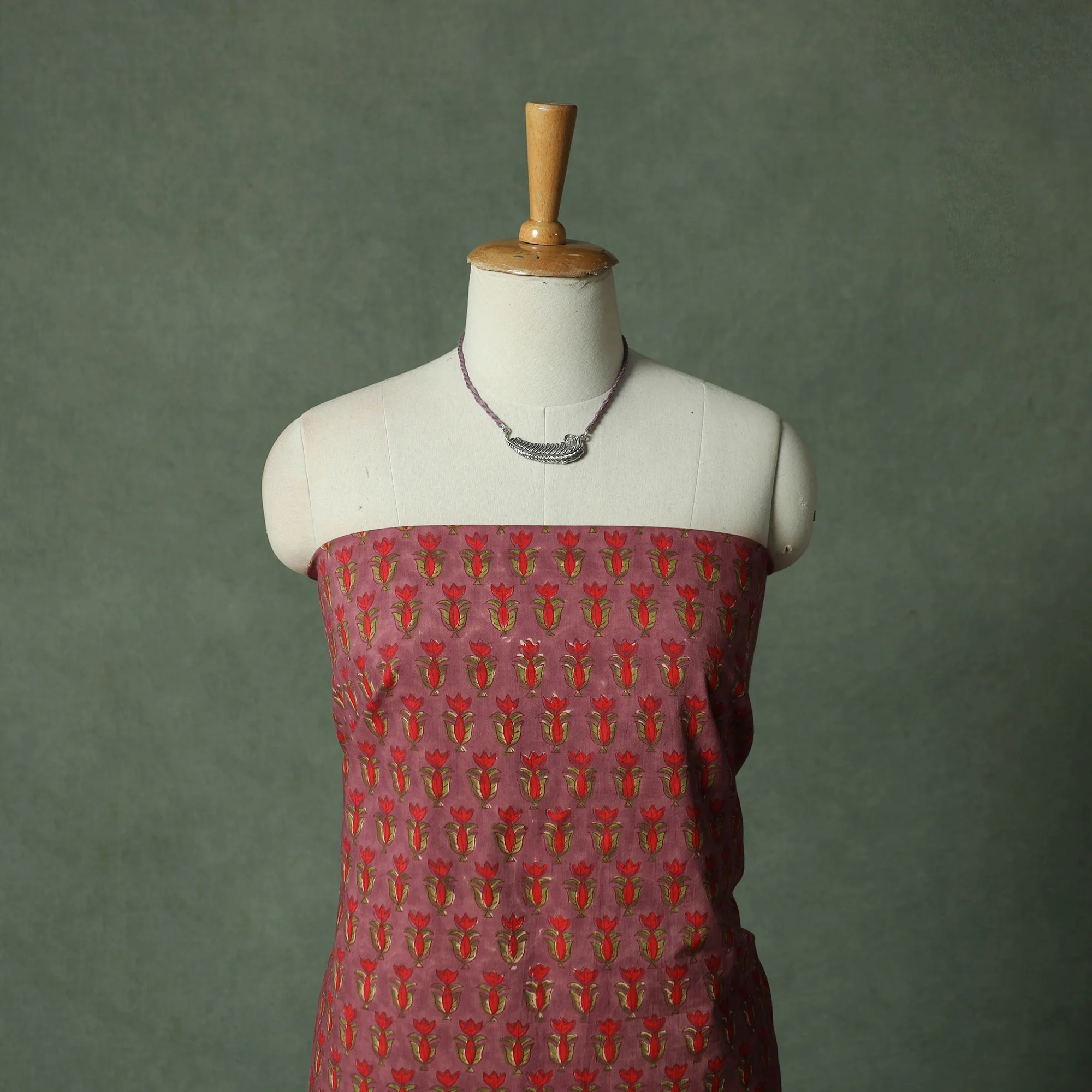 Maroon - Sanganeri Hand Block Print 2pc Cotton Unstitched Dress Material Kurta Set with Jewellery 07 - Image 2