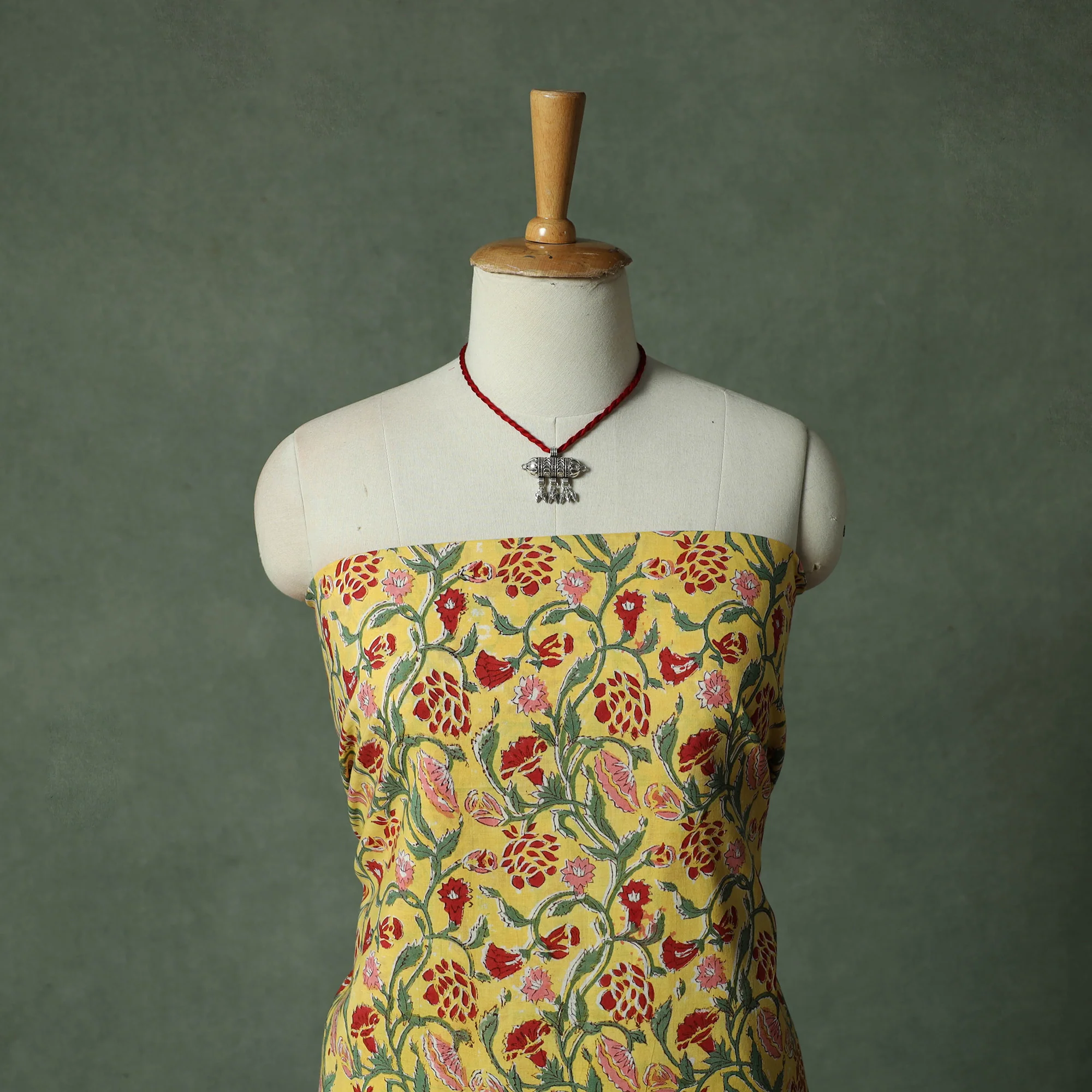 Yellow - Sanganeri Hand Block Print 2pc Cotton Unstitched Dress Material Kurta Set with Jewellery 08 - Image 2