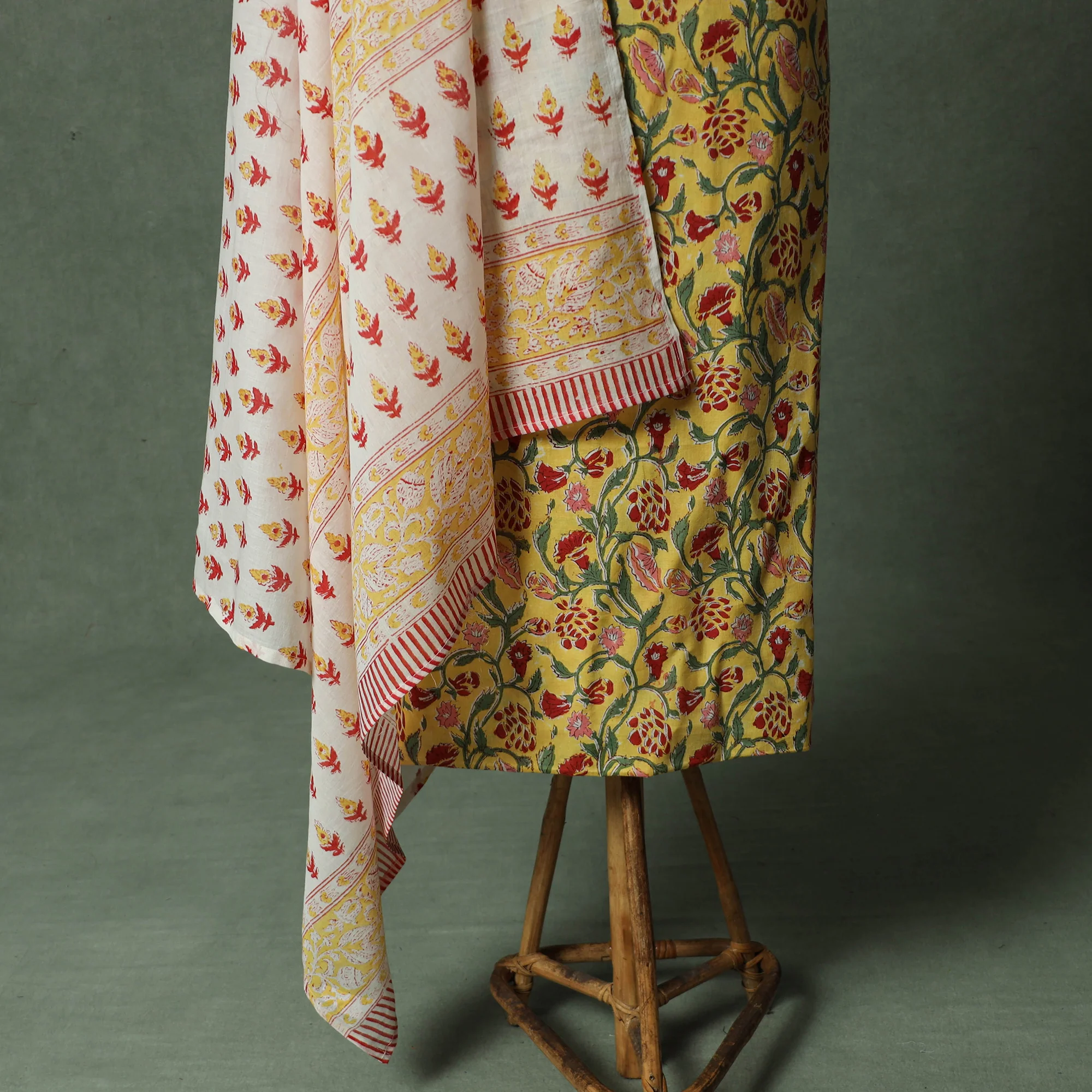 Yellow - Sanganeri Hand Block Print 2pc Cotton Unstitched Dress Material Kurta Set with Jewellery 08 - Image 4