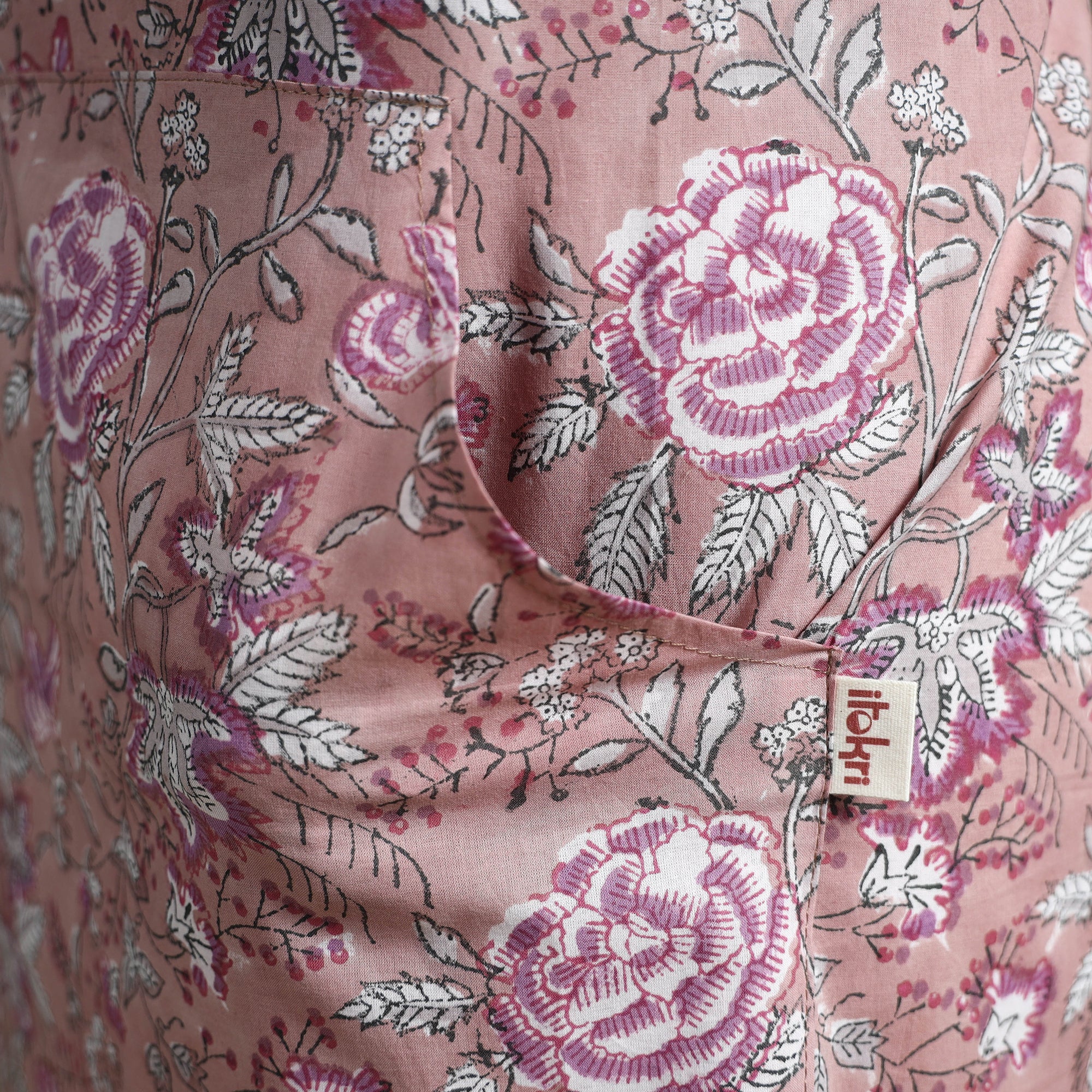 Pink - Sanganeri Hand Block Print Apron with Pocket 07 - Image 4
