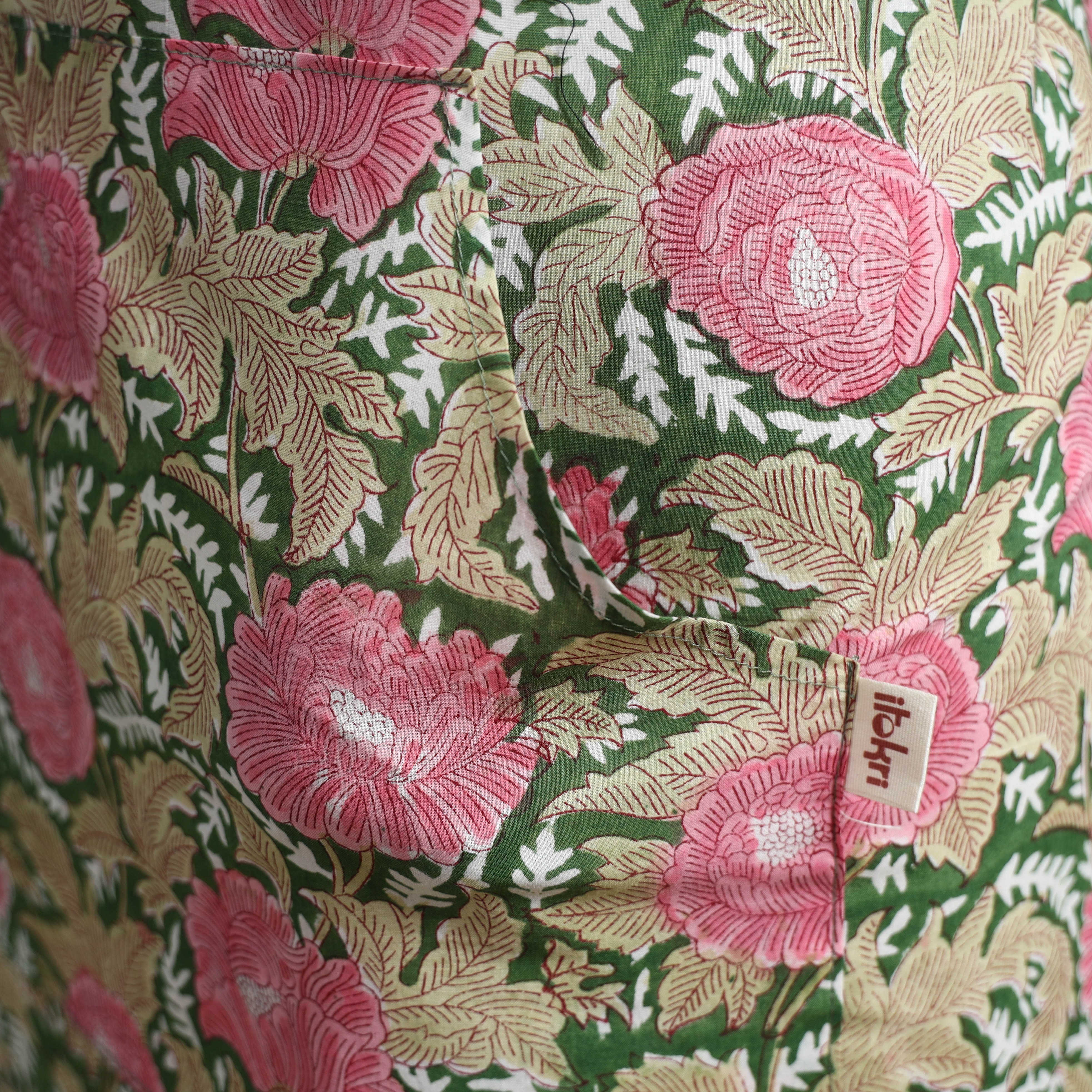 Green - Sanganeri Hand Block Print Apron with Pocket 13 - Image 4
