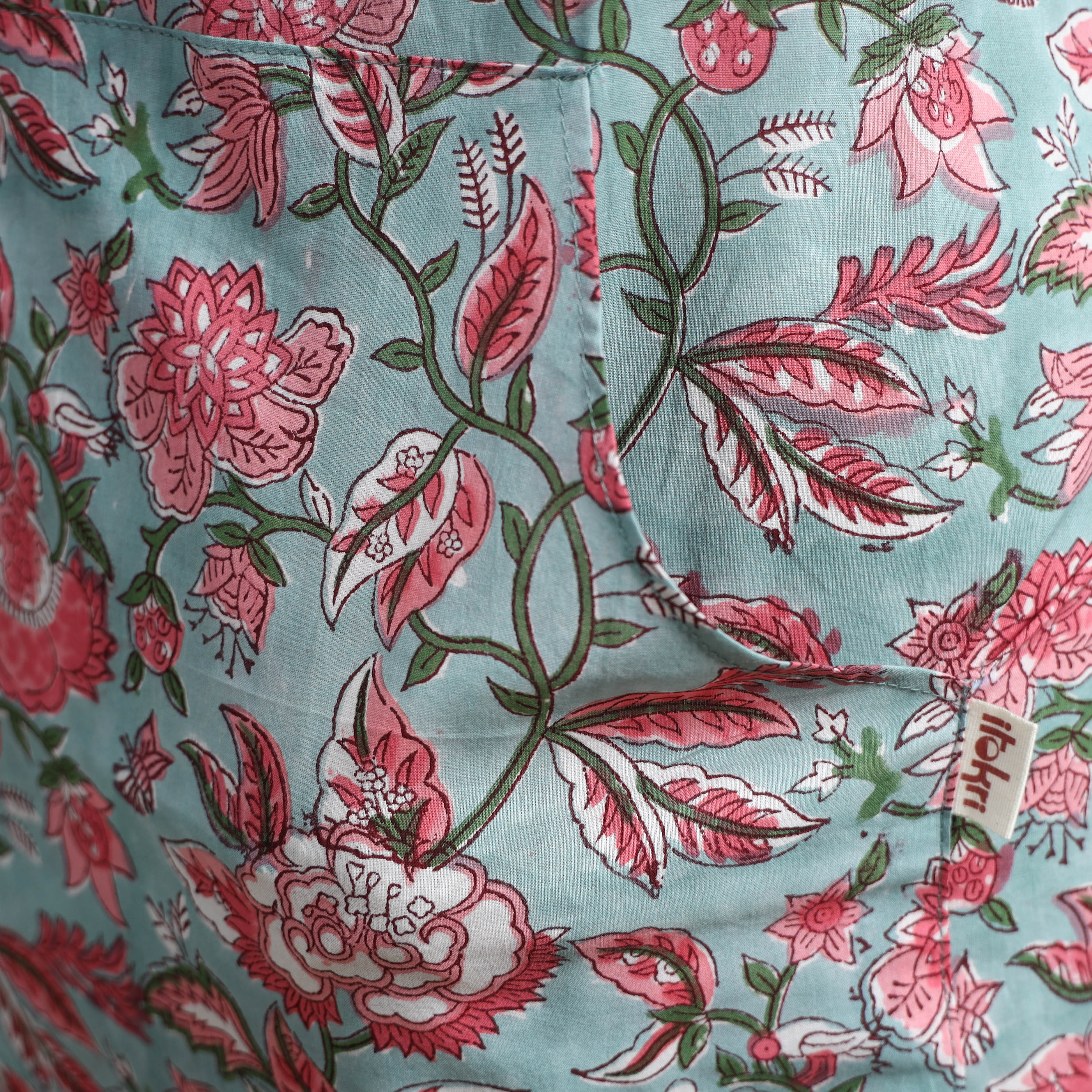 Green - Sanganeri Hand Block Print Apron with Pocket 15 - Image 4