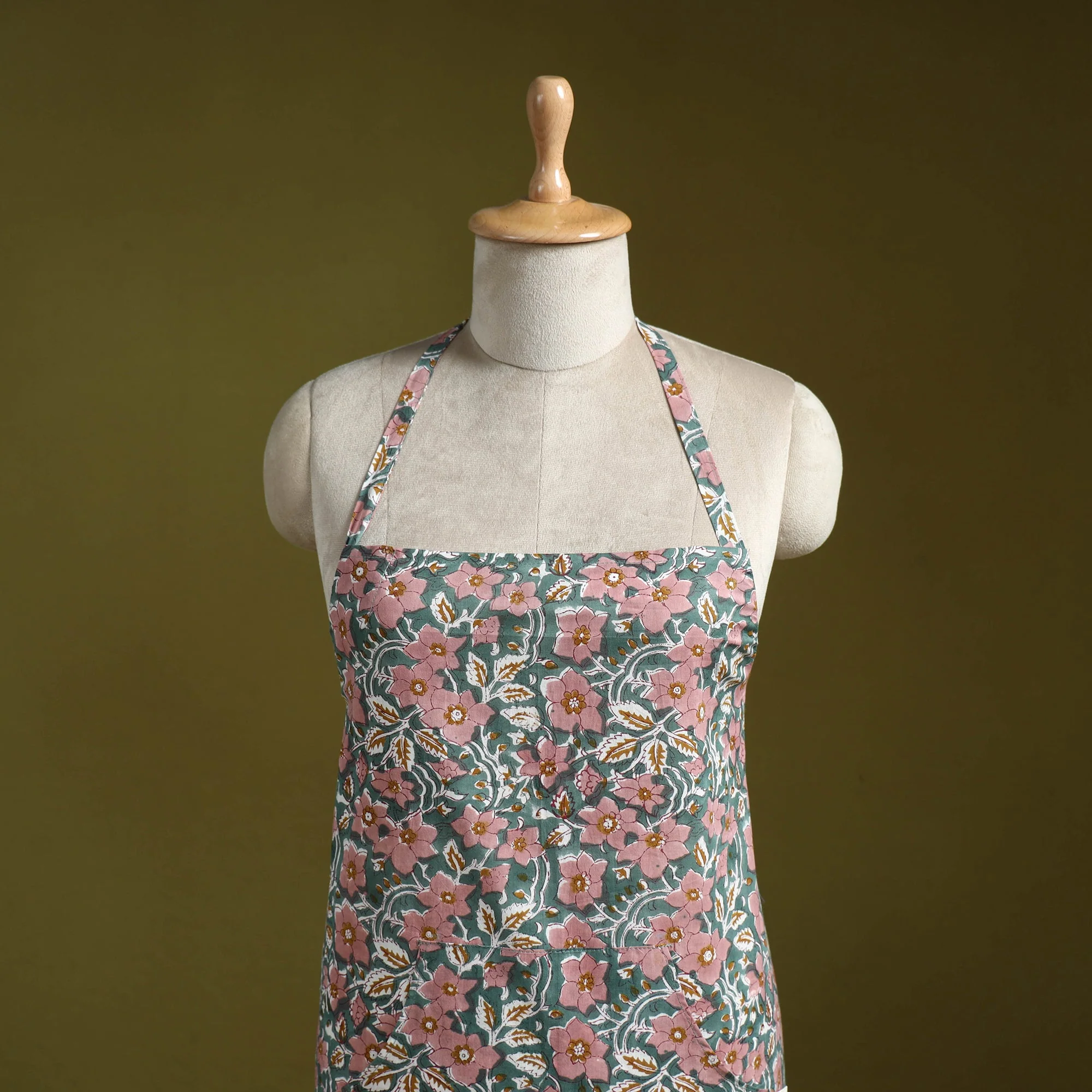 Green - Sanganeri Hand Block Print Apron with Pocket 16 - Image 2
