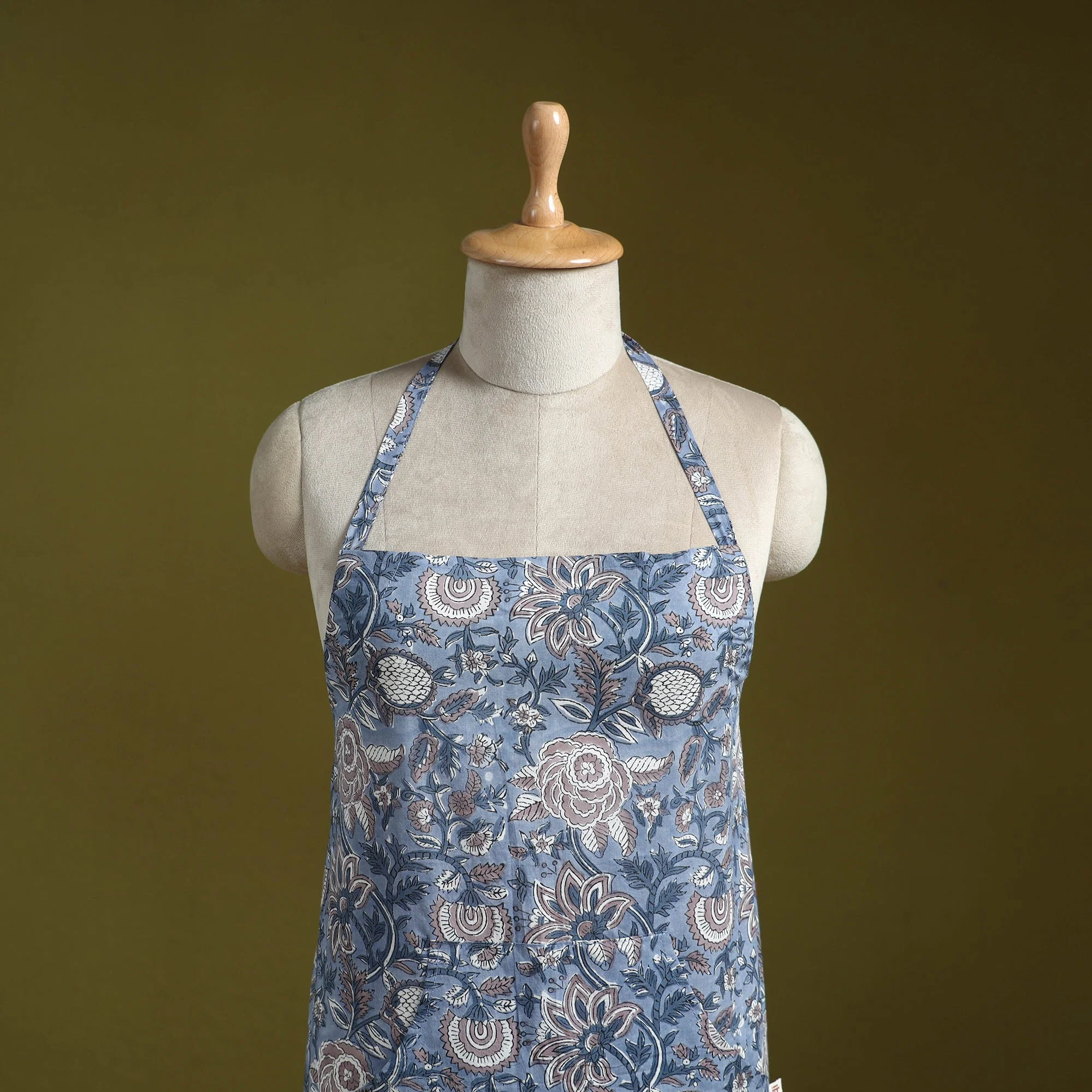 Blue - Sanganeri Hand Block Print Apron with Pocket 17 - Image 2