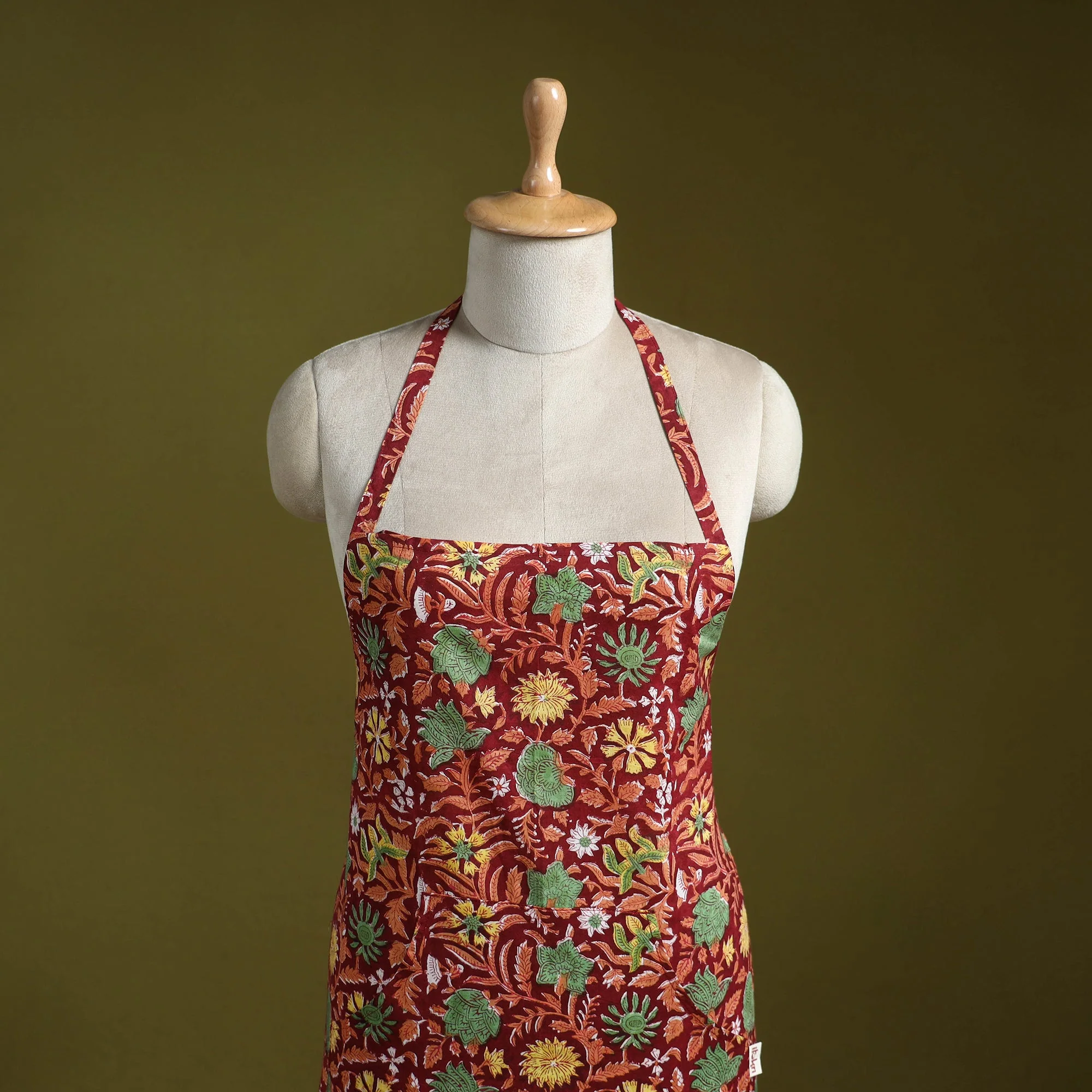 Red - Sanganeri Hand Block Print Apron with Pocket 25 - Image 2