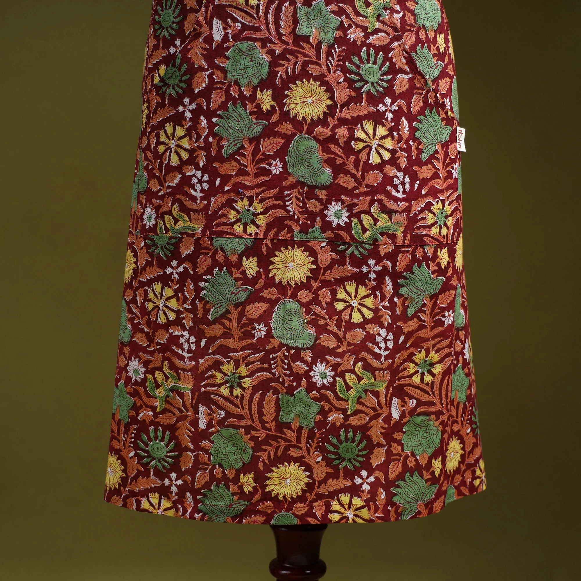 Red - Sanganeri Hand Block Print Apron with Pocket 25 - Image 3