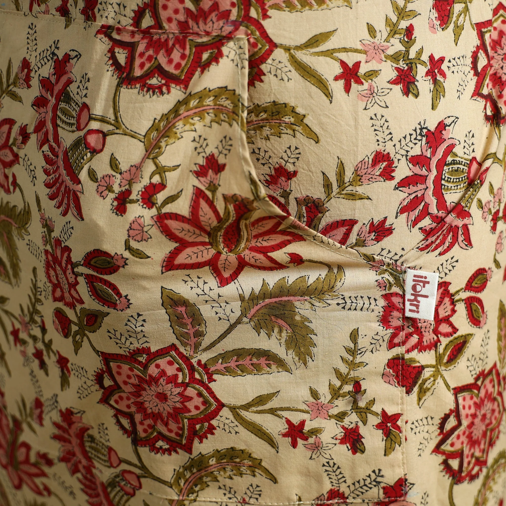 Beige - Sanganeri Hand Block Print Apron with Pocket 31 - Image 4