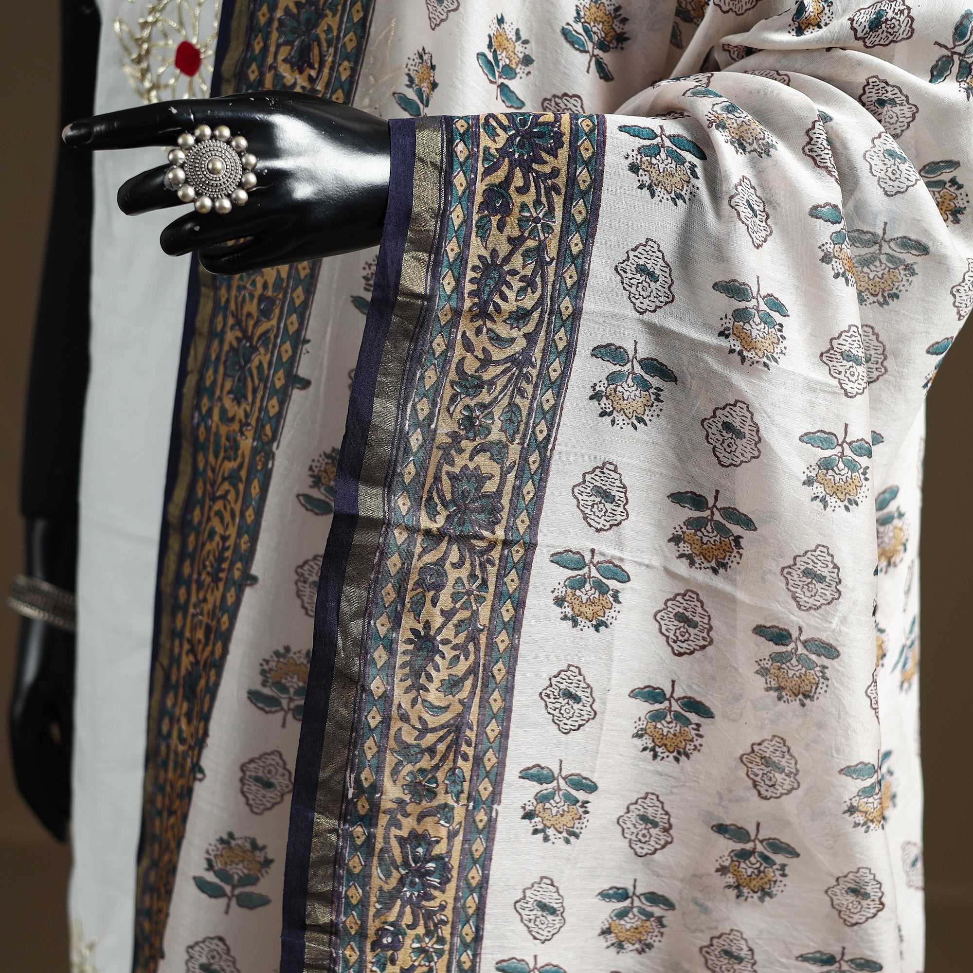 White - Sanganeri Hand Block Print Chanderi Silk Dupatta 74 - Image 3