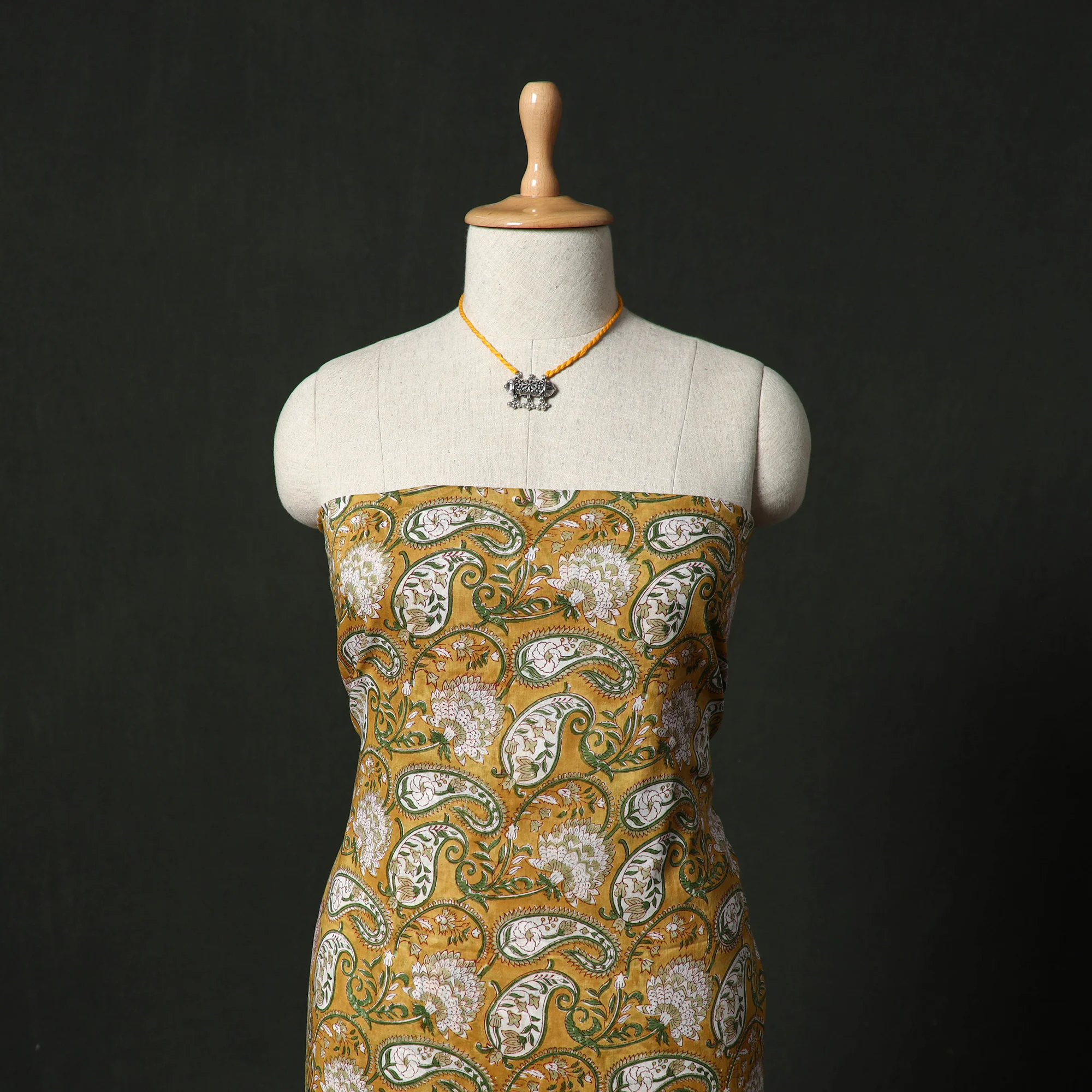 Yellow - Sanganeri Hand Block Print Cotton 2pc Unstitched Dress Material Kurta Set with Jewellery 02 - Image 2