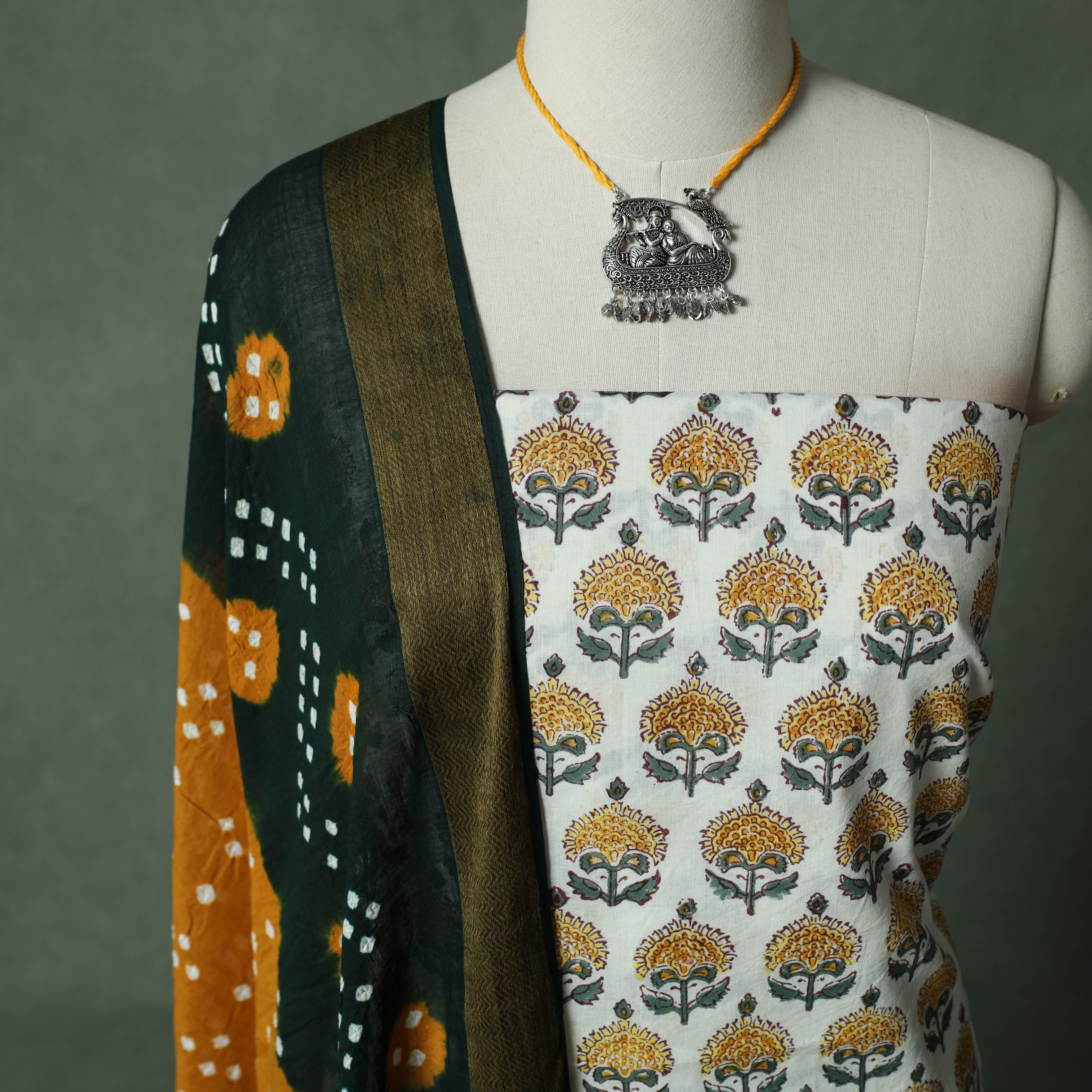 White - Sanganeri Hand Block Print Cotton 2pc Unstitched Dress Material Kurta Set with Jewellery 13 - Image 3