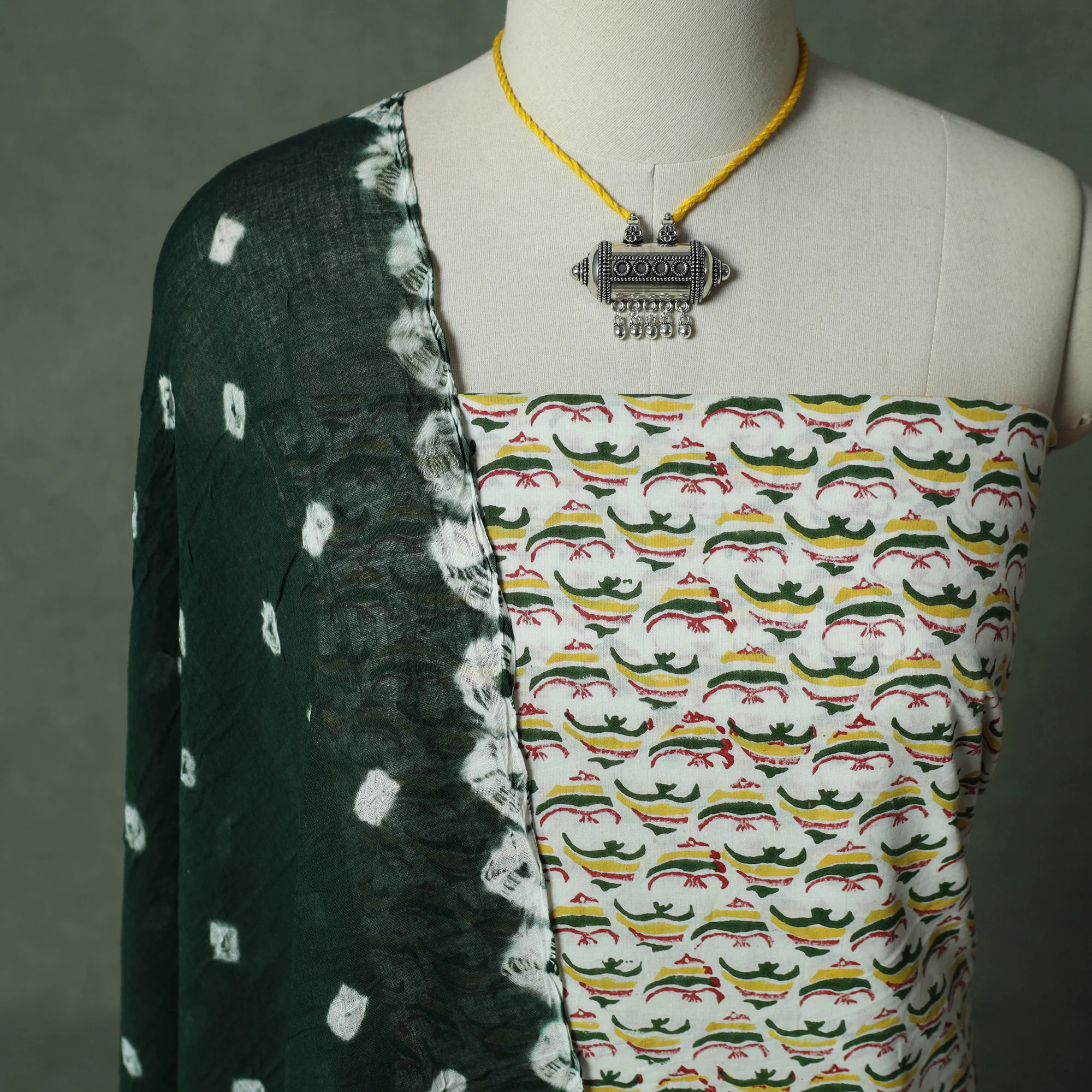 Multicolor - Sanganeri Hand Block Print Cotton 2pc Unstitched Dress Material Kurta Set with Jewellery 18 - Image 3
