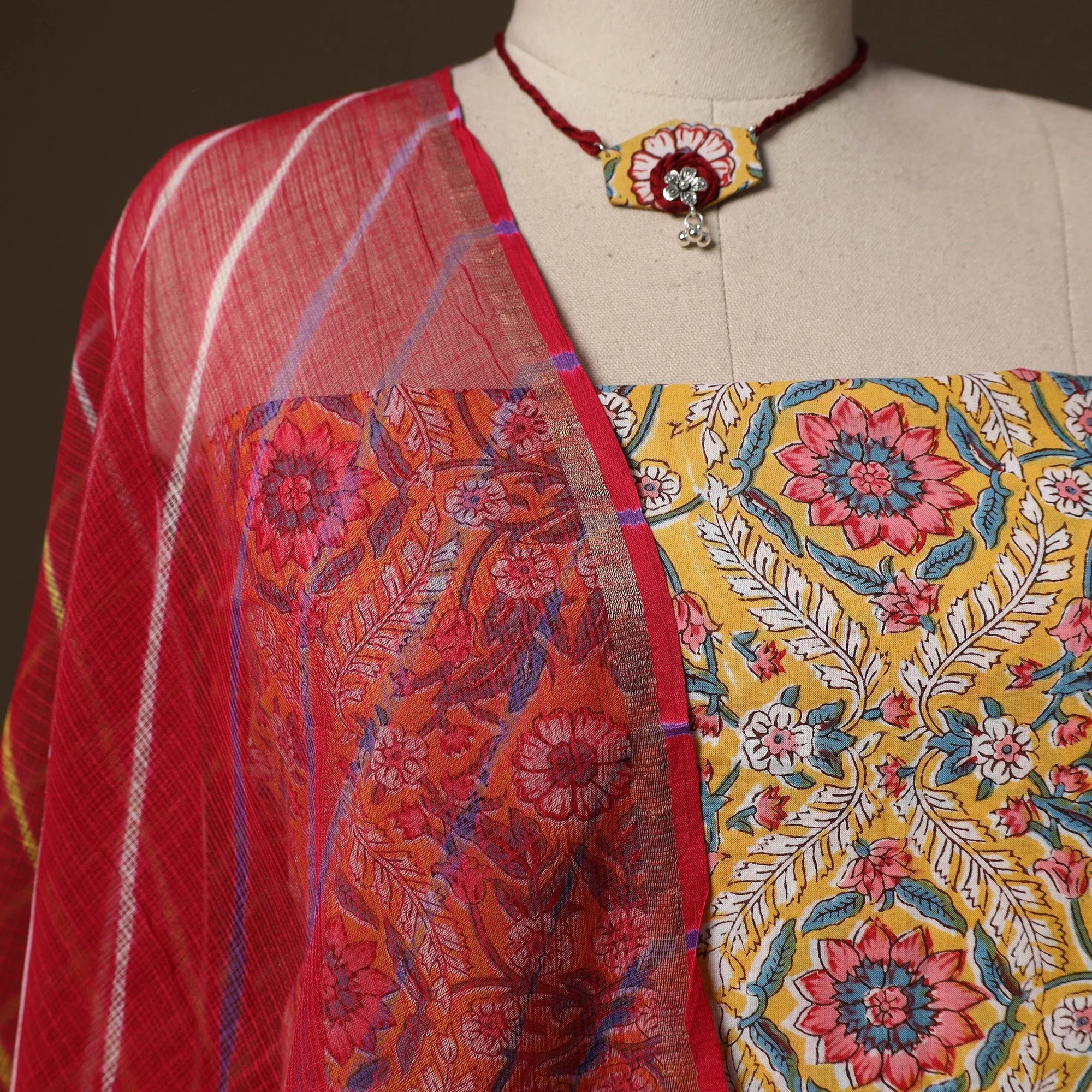 Yellow - Sanganeri Hand Block Print Cotton 2pc Unstitched Dress Material Kurta Set with Jewellery Set 14 - Image 3