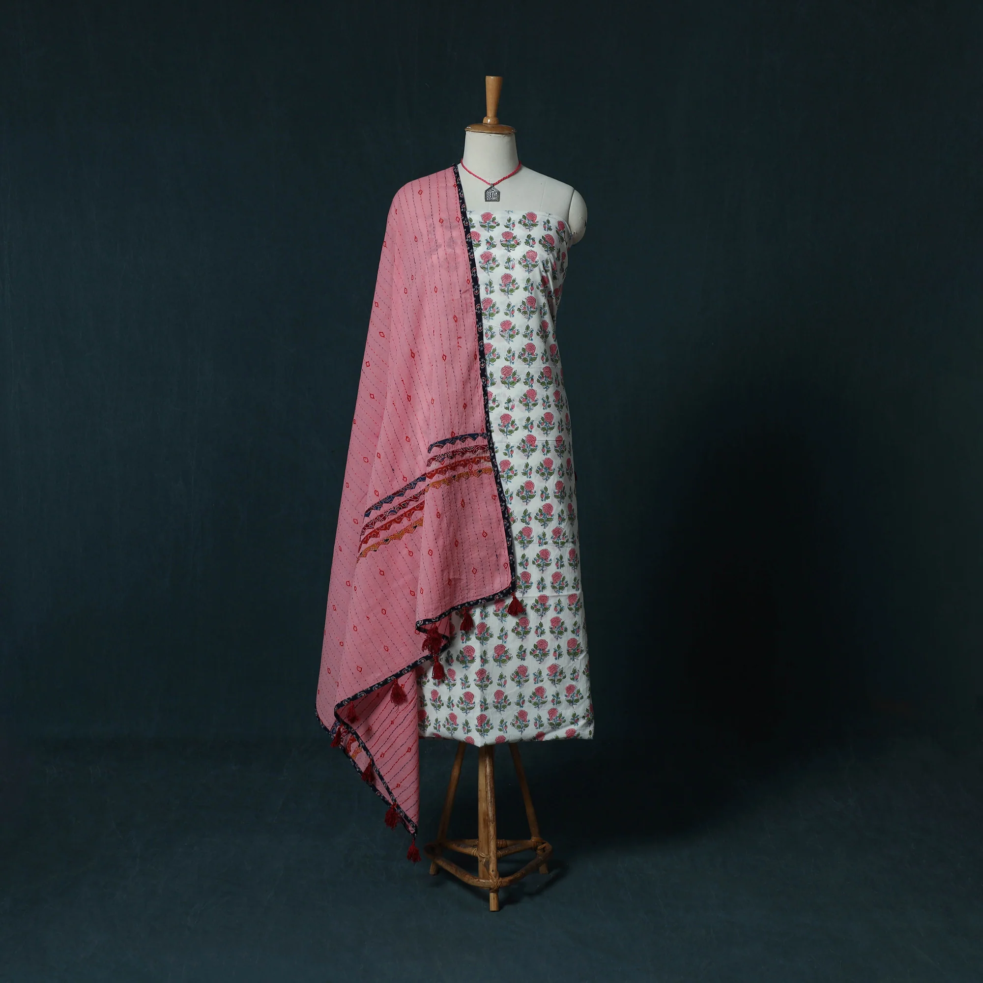 White - Sanganeri Hand Block Print Cotton 2pc Unstitched Dress Material Kurta Set with Jewellery Set 38