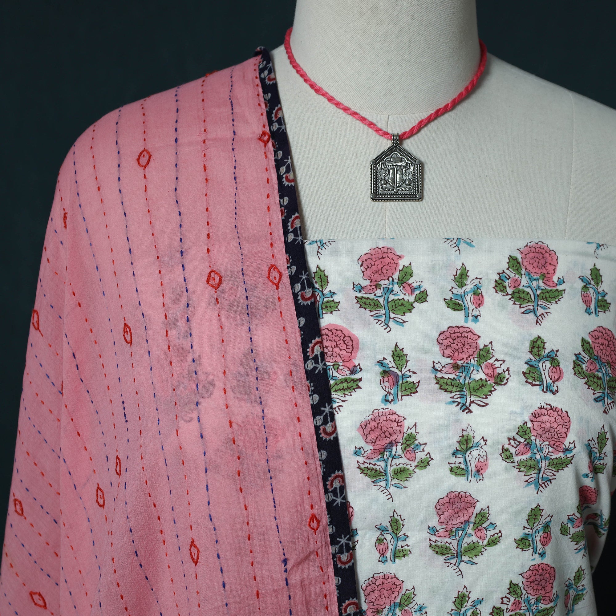White - Sanganeri Hand Block Print Cotton 2pc Unstitched Dress Material Kurta Set with Jewellery Set 38 - Image 3