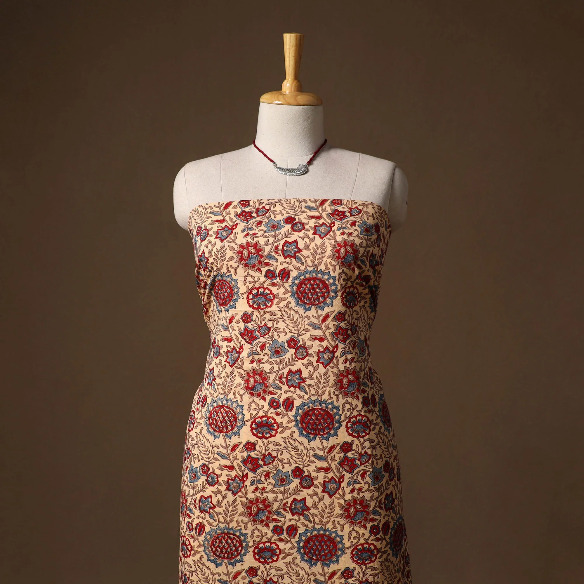 Beige - Sanganeri Hand Block Print Cotton 2pc Unstitched Dress Material with Jewellery Set 04 - Image 2