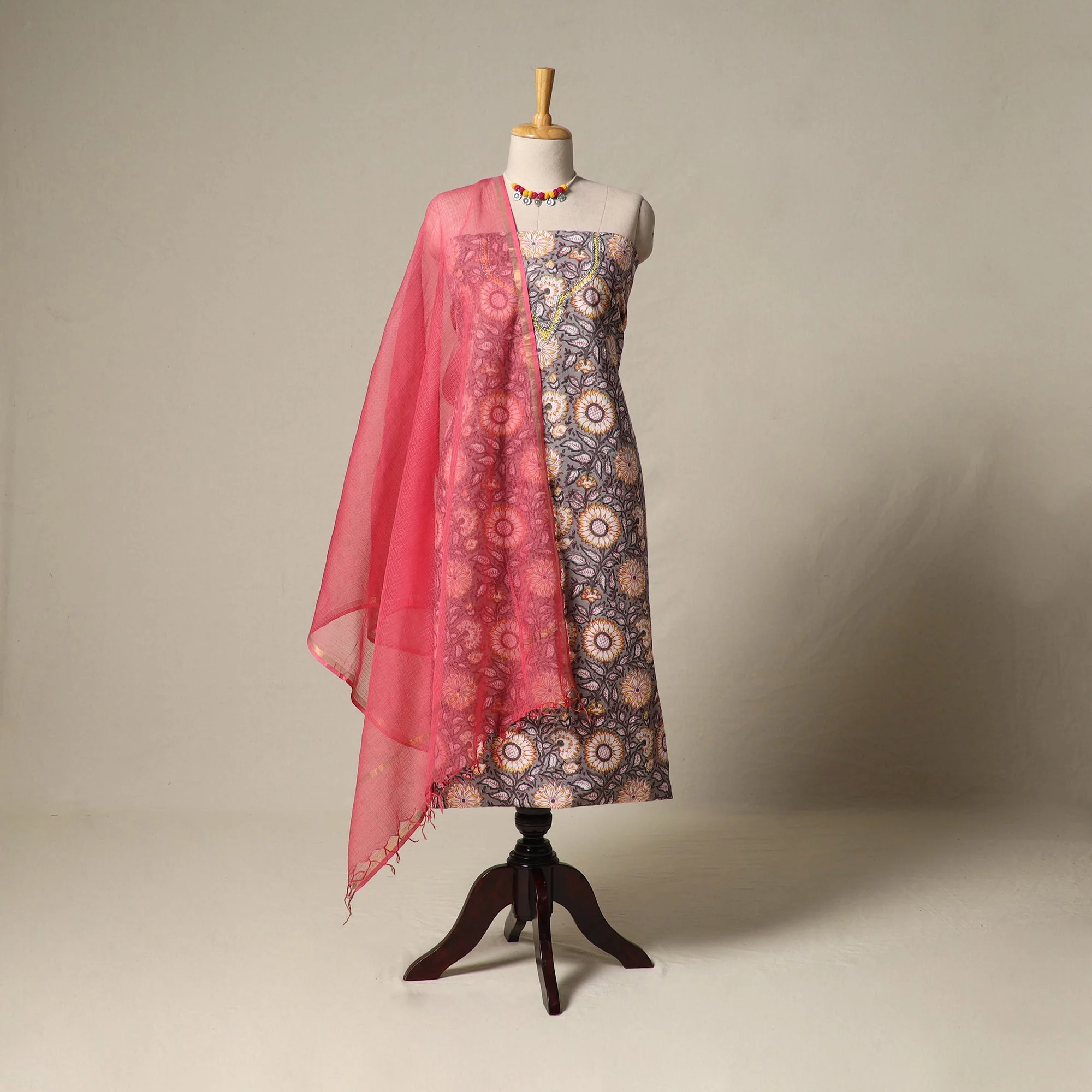 Brown - Sanganeri Hand Block Print Cotton 2pc Unstitched Dress Material with Jewellery Set 04