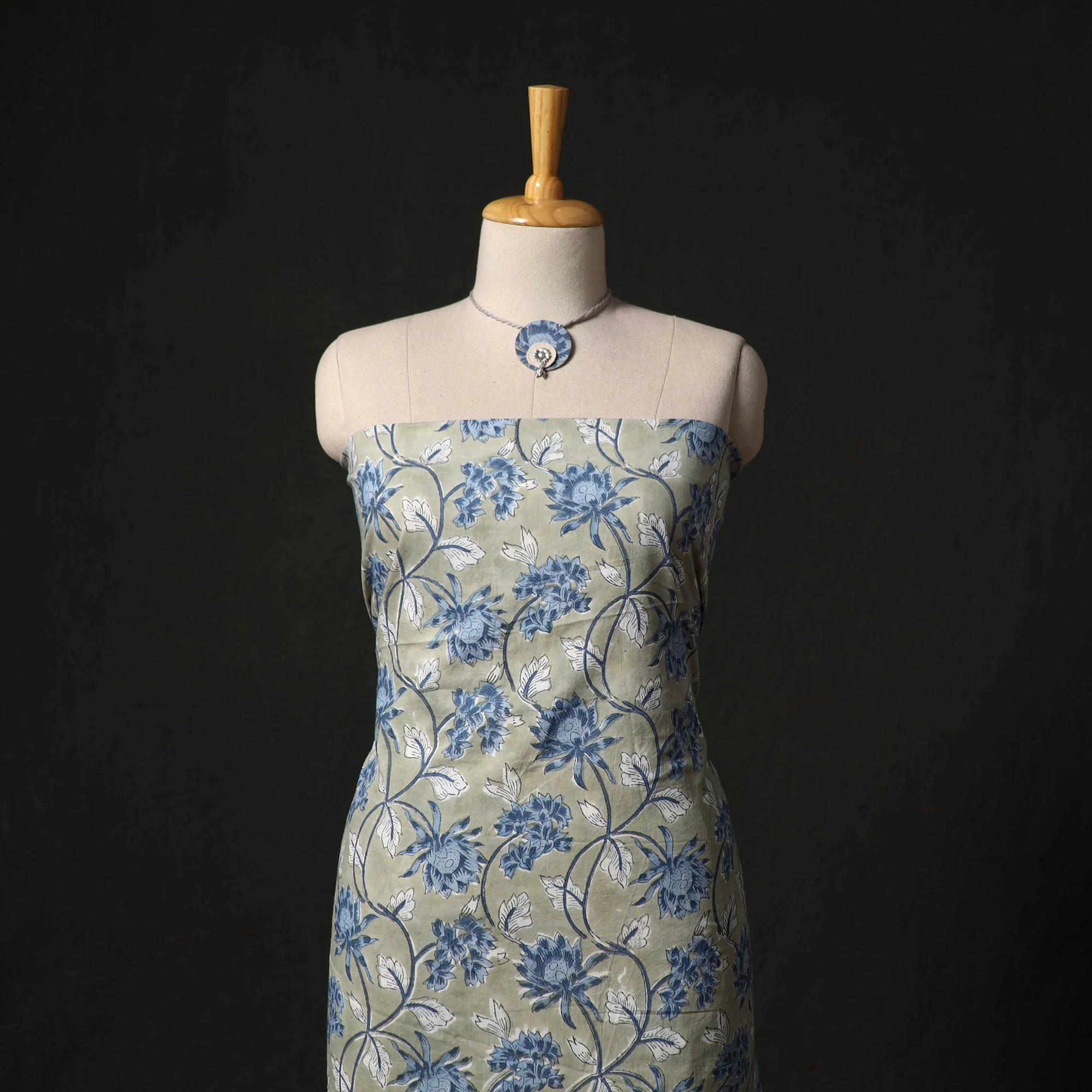 Green - Sanganeri Hand Block Print Cotton 2pc Unstitched Dress Material with Jewellery Set 09 - Image 3