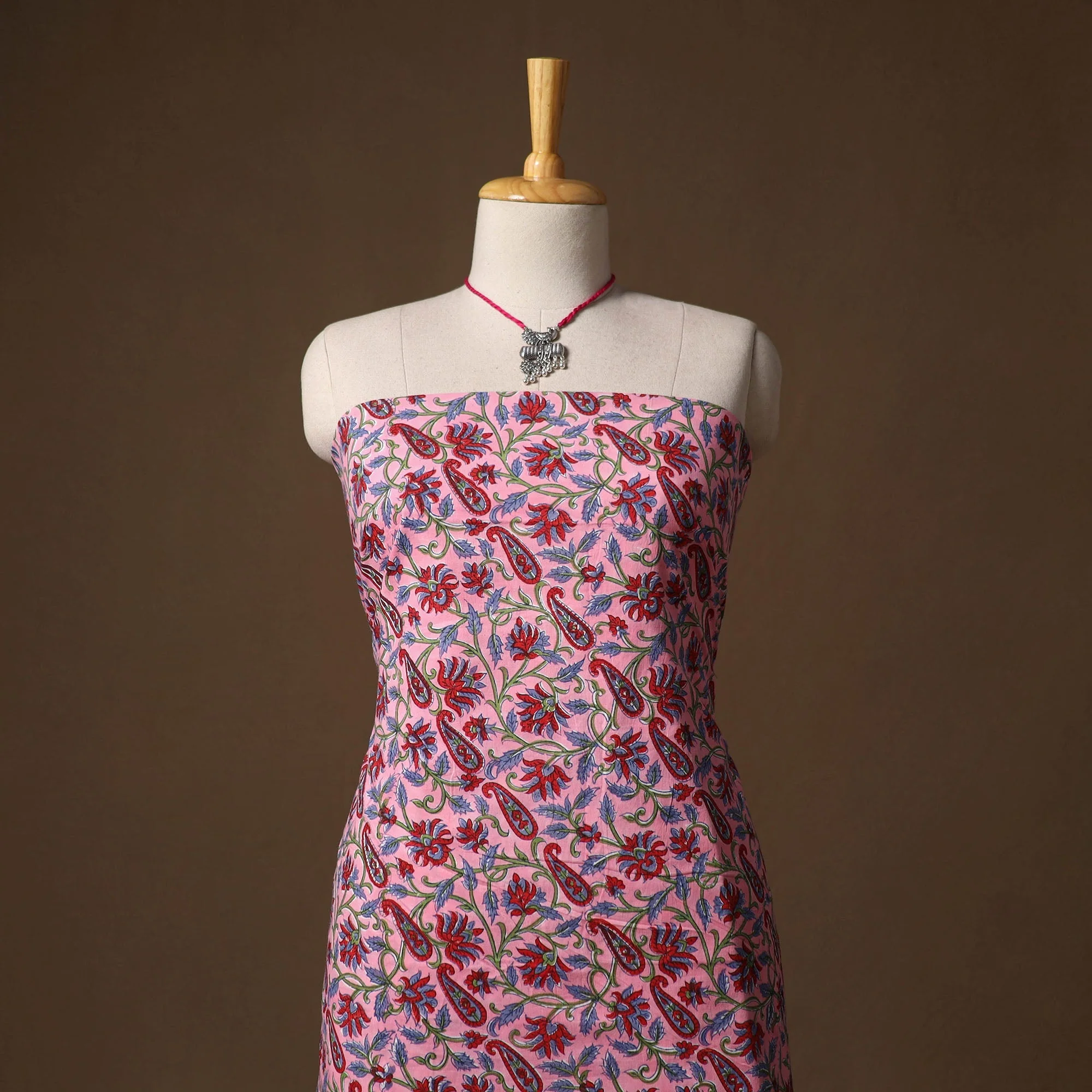 Pink - Sanganeri Hand Block Print Cotton 2pc Unstitched Dress Material with Jewellery Set 16 - Image 2
