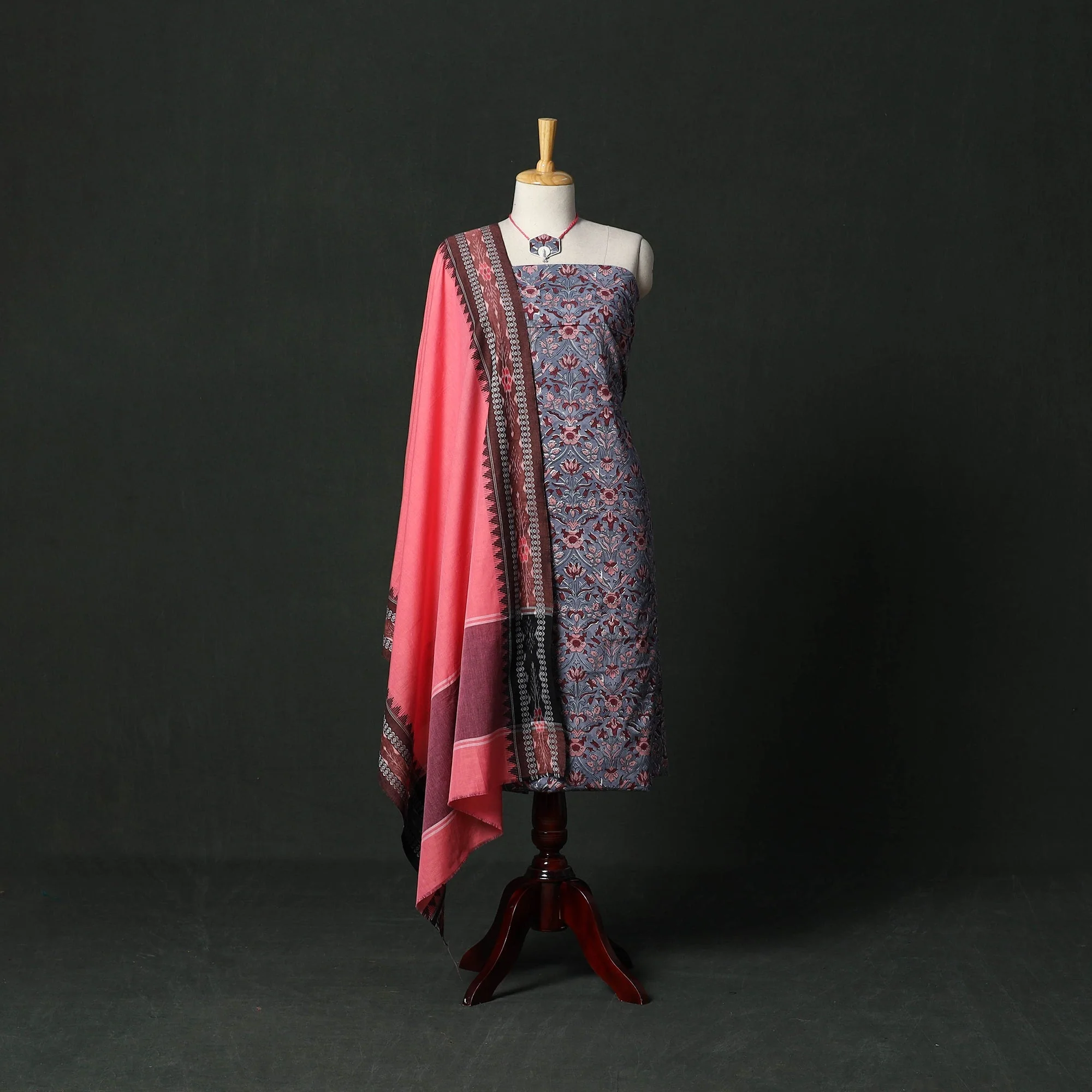 Blue - Sanganeri Hand Block Print Cotton 2pc Unstitched Dress Material with Jewellery Set 17
