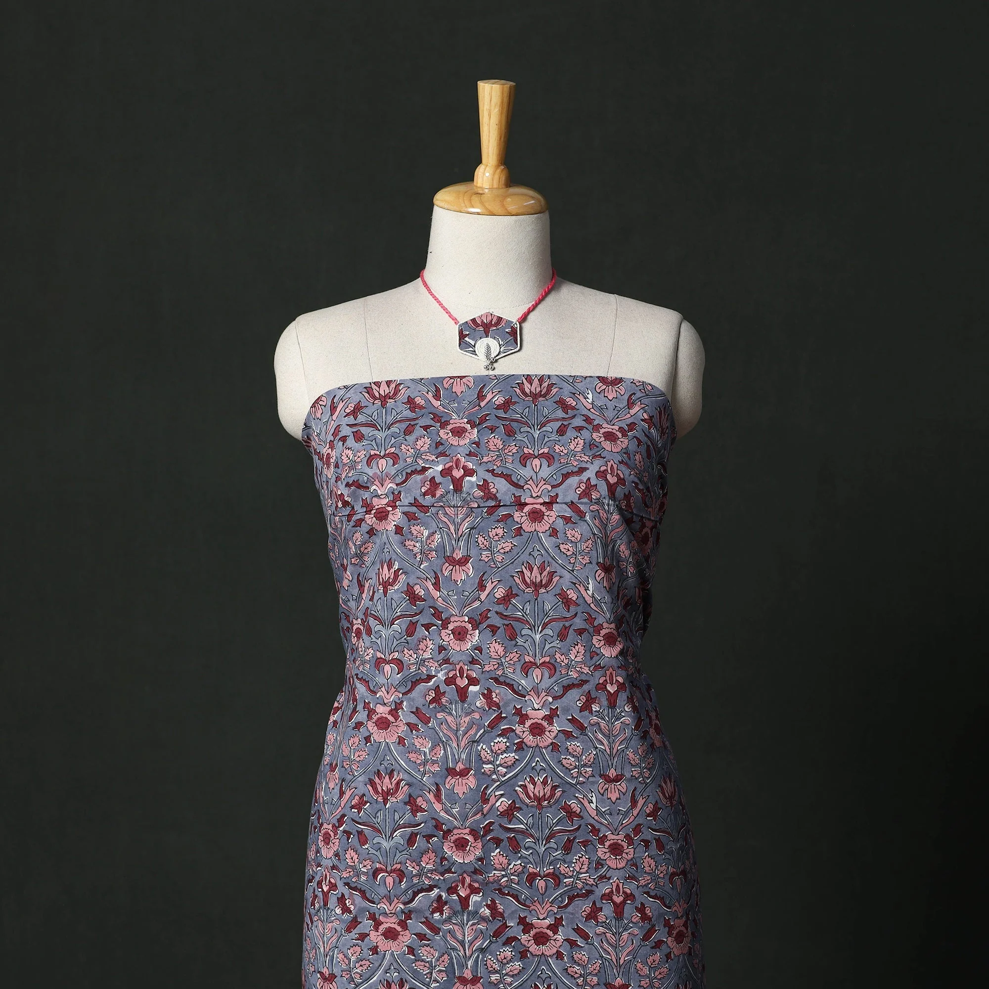 Blue - Sanganeri Hand Block Print Cotton 2pc Unstitched Dress Material with Jewellery Set 17 - Image 2