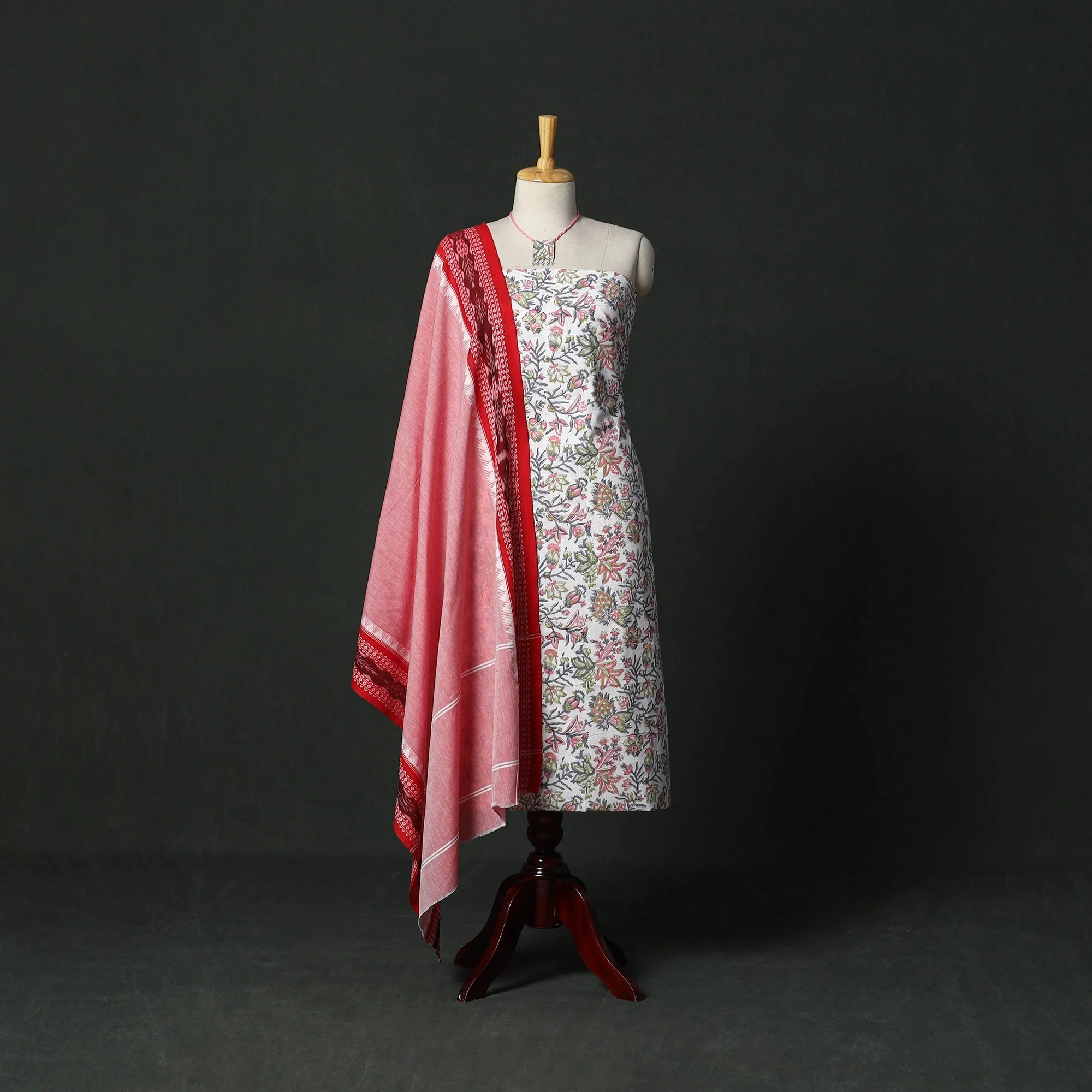 White - Sanganeri Hand Block Print Cotton 2pc Unstitched Dress Material with Jewellery Set 22