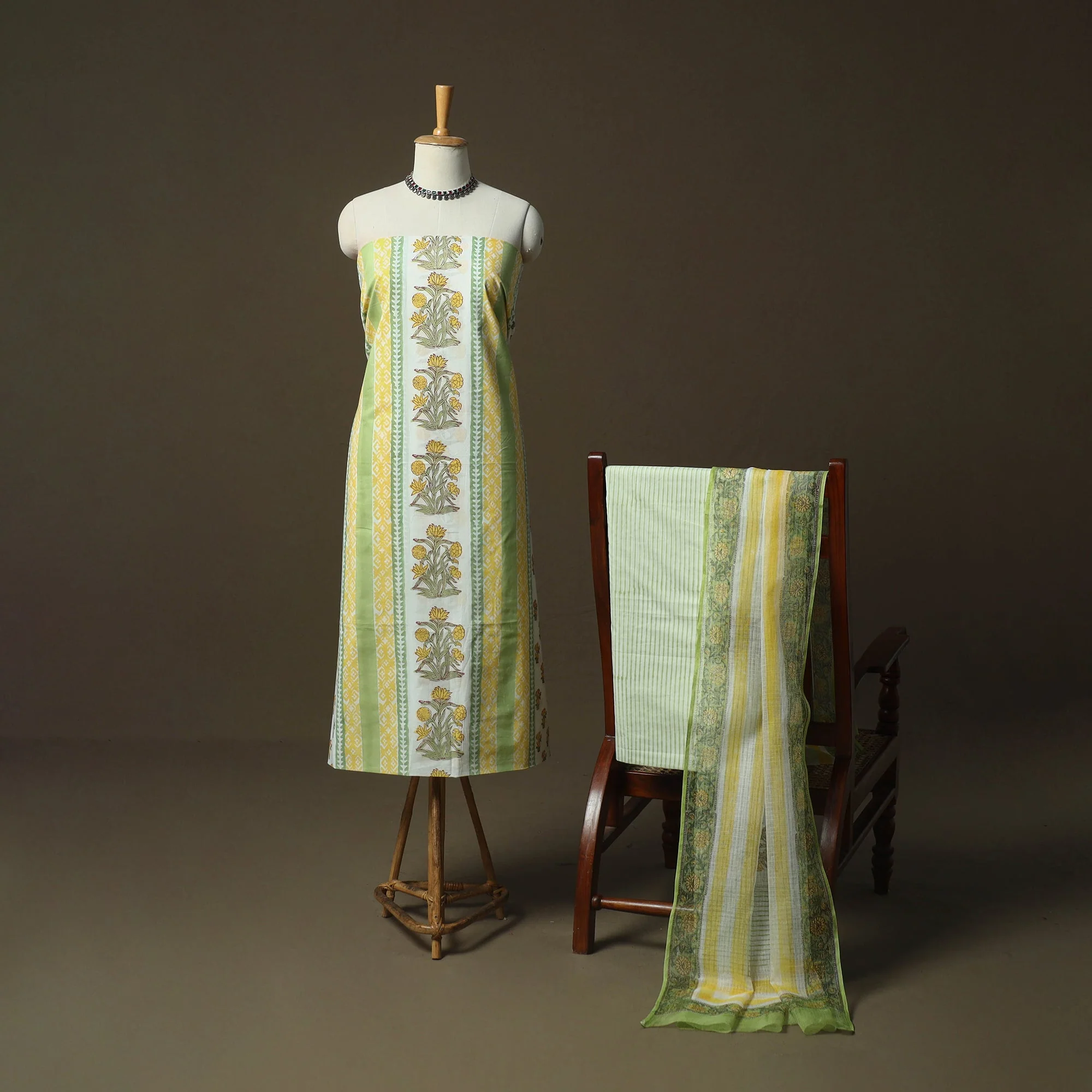 Yellow - Sanganeri Hand Block Print Cotton 3pc Unstitched Dress Material Suit Set 01