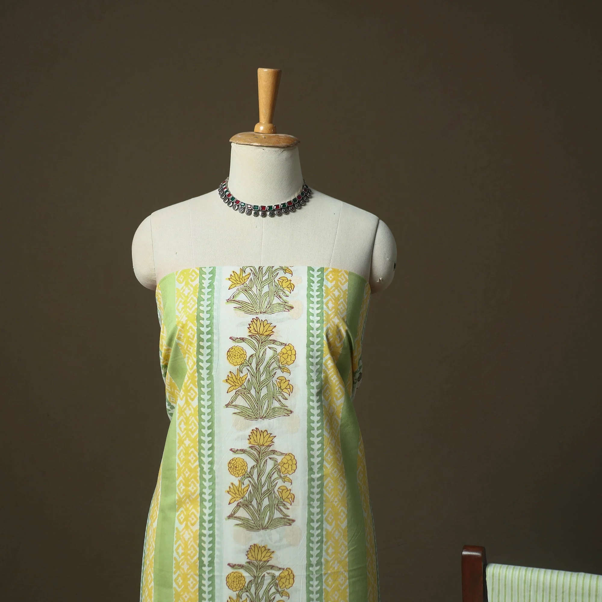 Yellow - Sanganeri Hand Block Print Cotton 3pc Unstitched Dress Material Suit Set 01 - Image 3