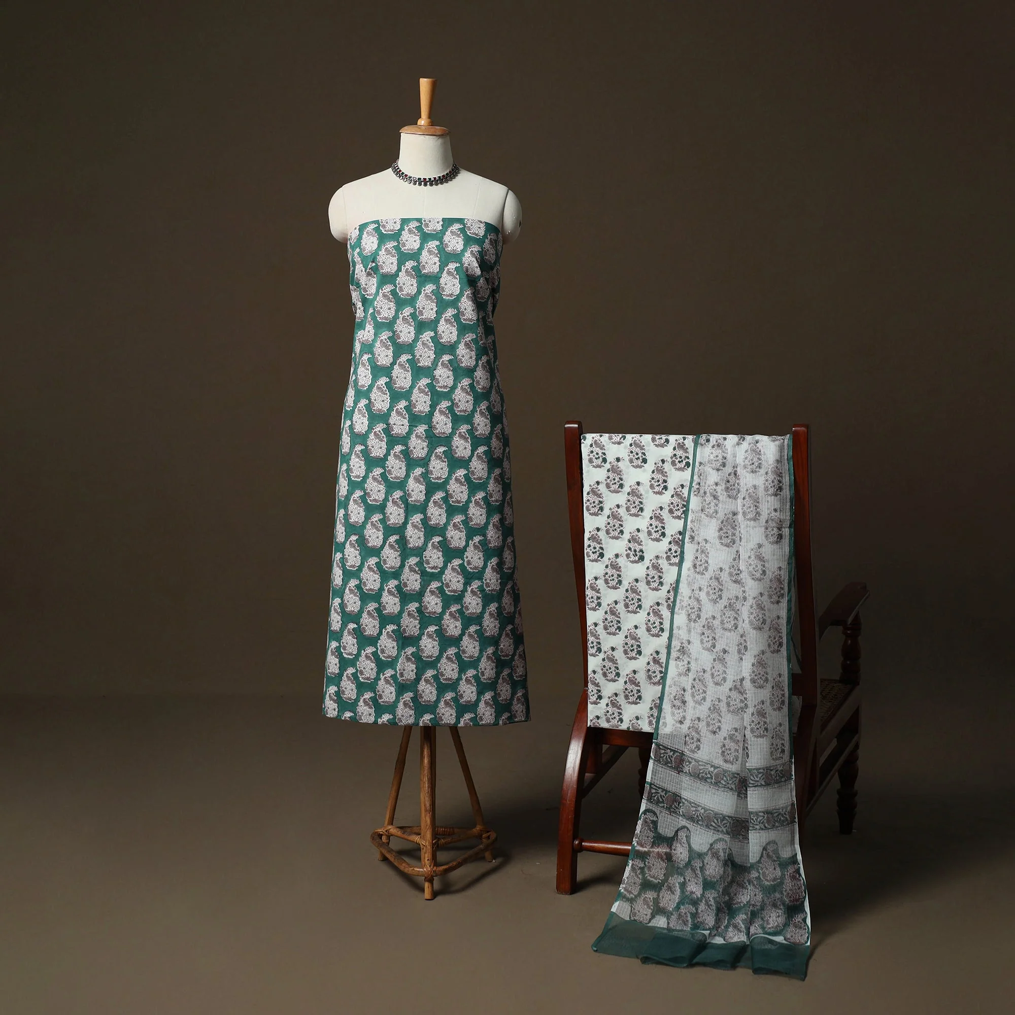 Green - Sanganeri Hand Block Print Cotton 3pc Unstitched Dress Material Suit Set 05