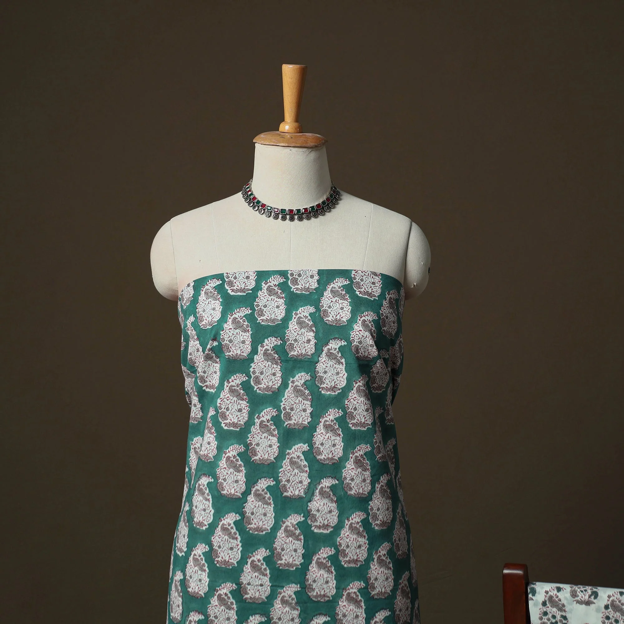 Green - Sanganeri Hand Block Print Cotton 3pc Unstitched Dress Material Suit Set 05 - Image 3