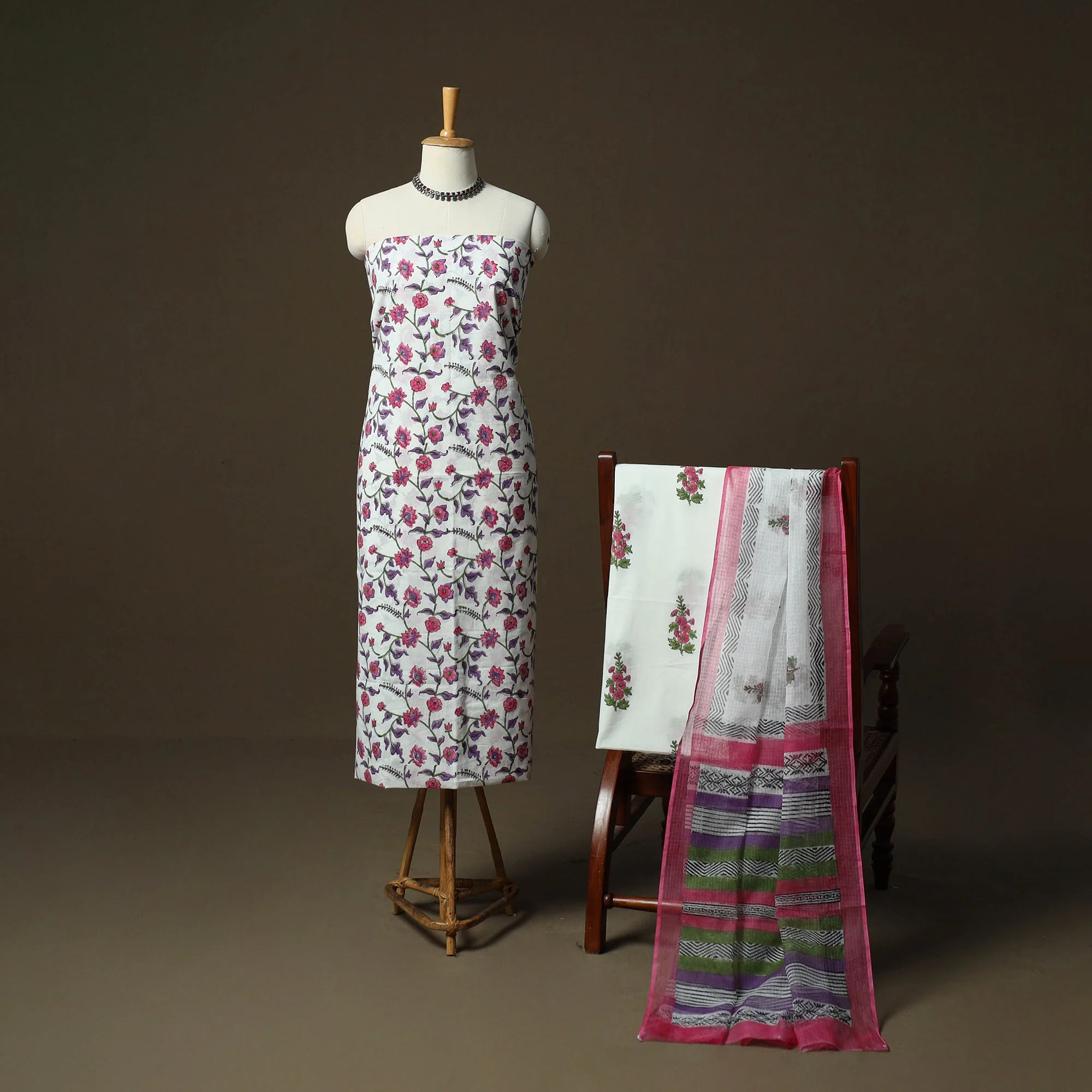 Pink - Sanganeri Hand Block Print Cotton 3pc Unstitched Dress Material Suit Set 06
