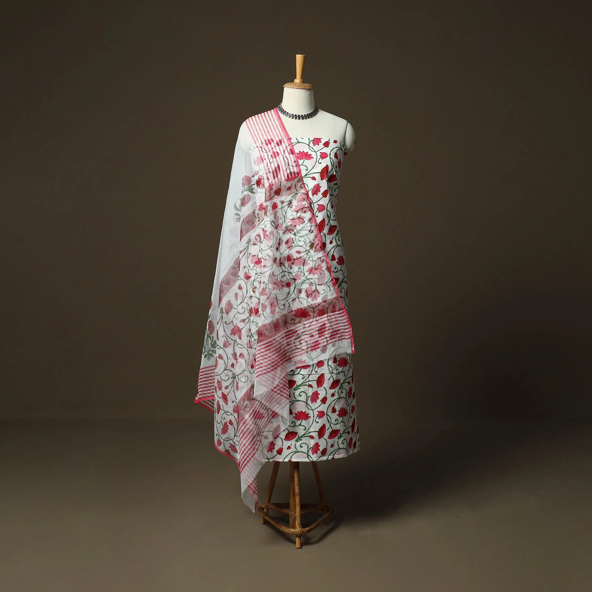 Pink - Sanganeri Hand Block Print Cotton 3pc Unstitched Dress Material Suit Set 08 - Image 2
