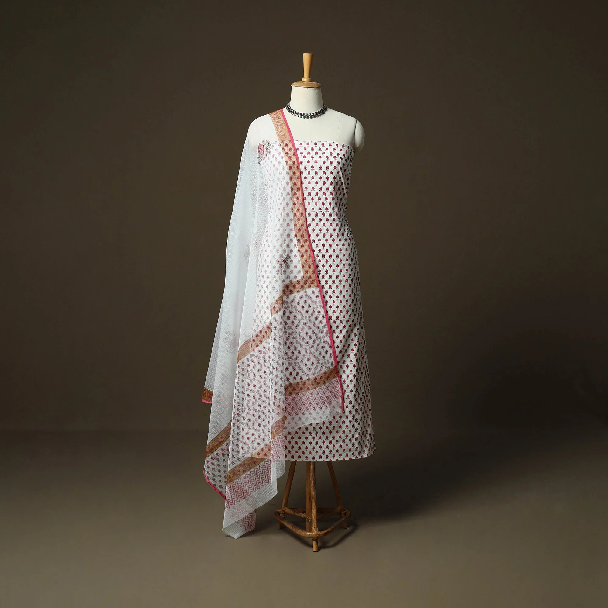 White - Sanganeri Hand Block Print Cotton 3pc Unstitched Dress Material Suit Set 17 - Image 2