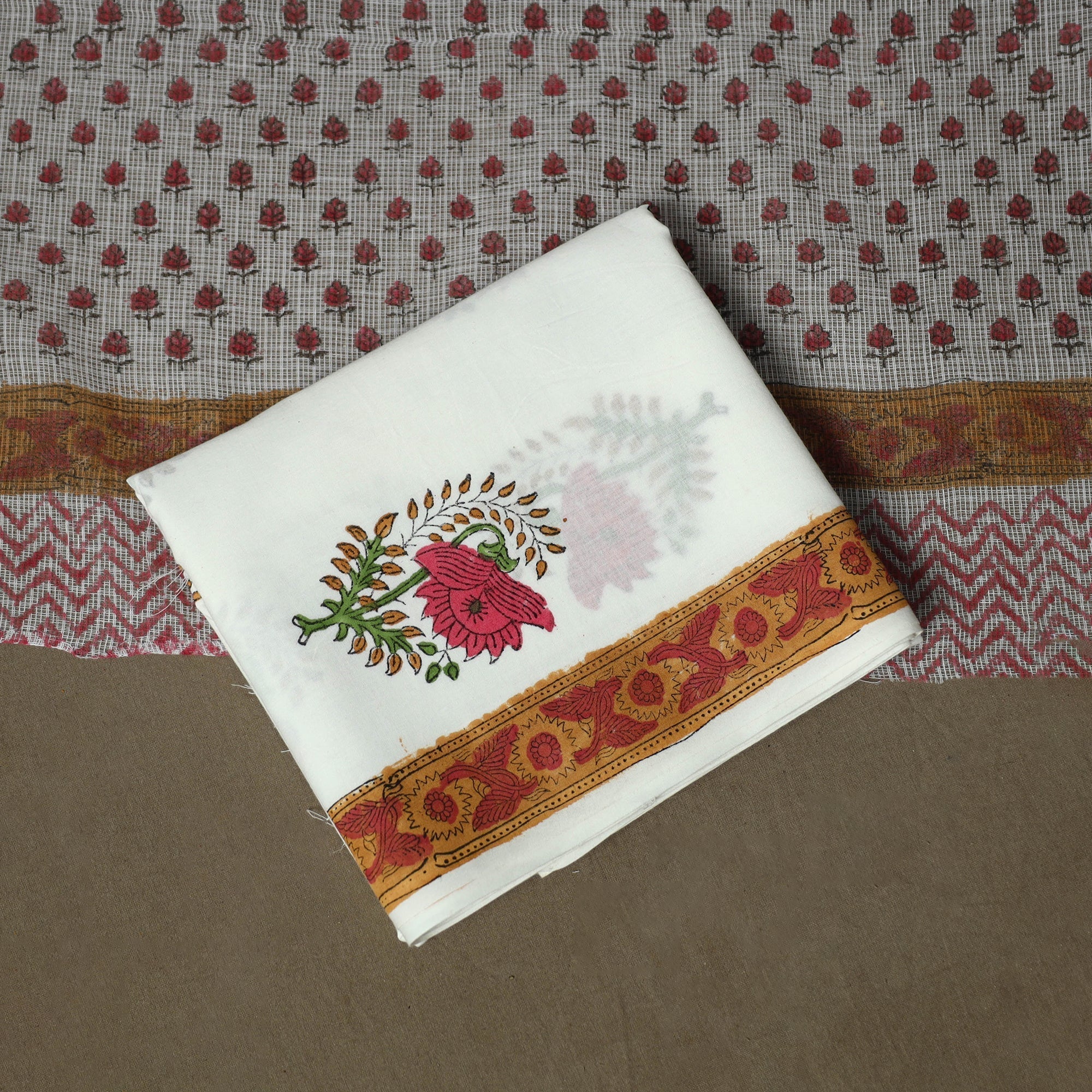White - Sanganeri Hand Block Print Cotton 3pc Unstitched Dress Material Suit Set 17 - Image 5