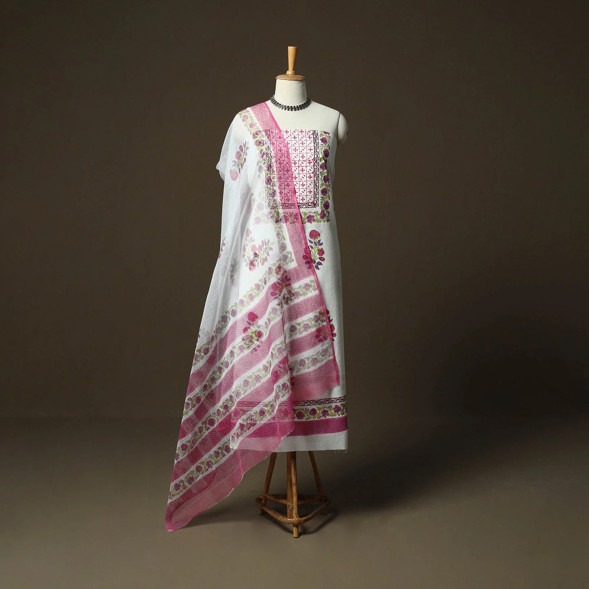 Pink - Sanganeri Hand Block Print Cotton 3pc Unstitched Dress Material Suit Set 18 - Image 2