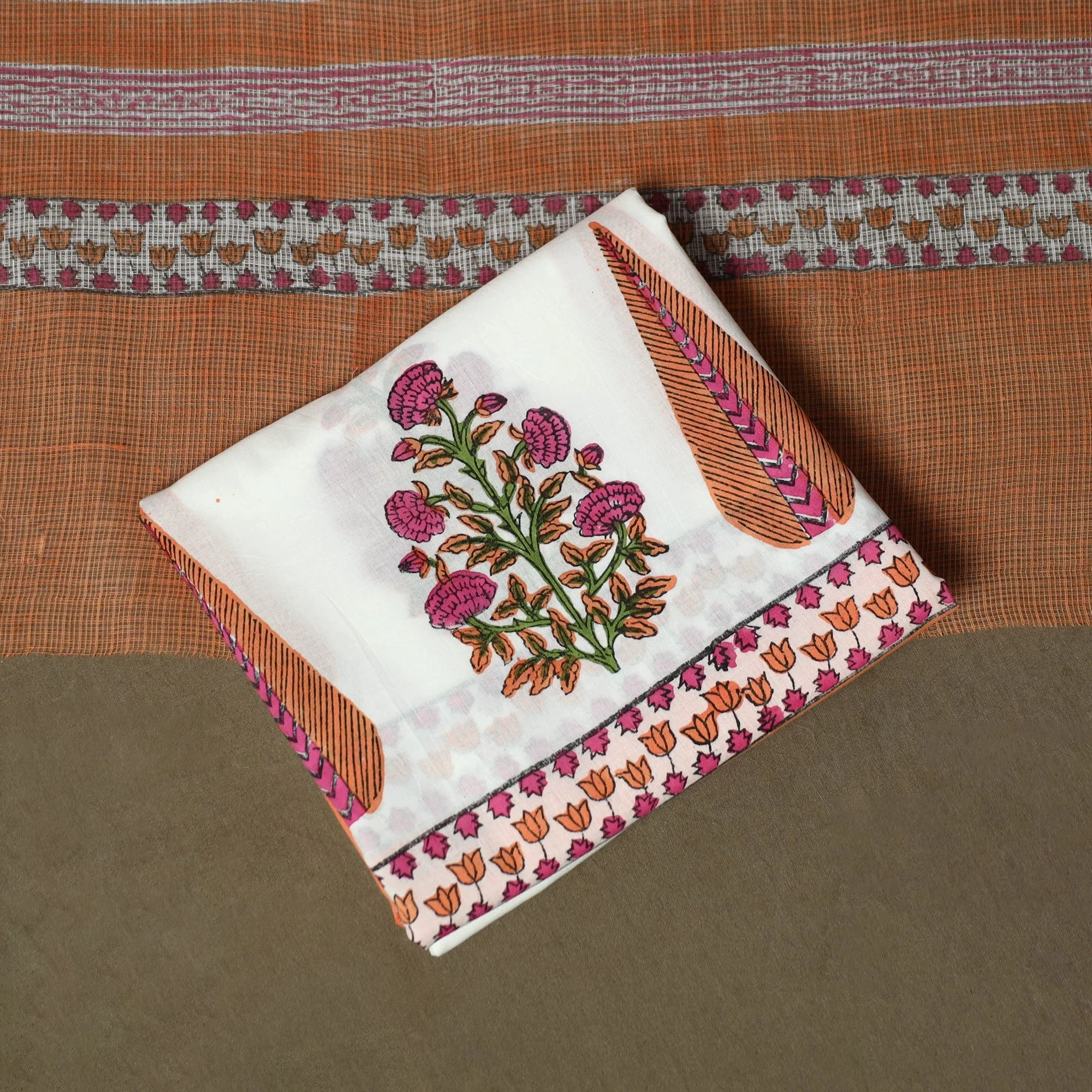 Orange - Sanganeri Hand Block Print Cotton 3pc Unstitched Dress Material Suit Set 22 - Image 5