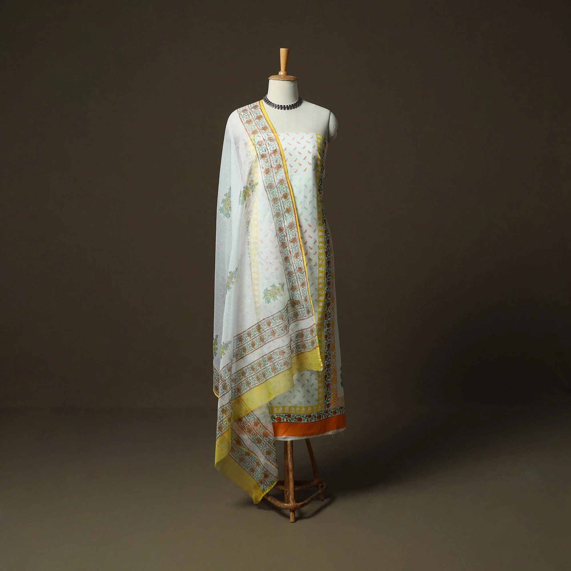 White - Sanganeri Hand Block Print Cotton 3pc Unstitched Dress Material Suit Set 25 - Image 2